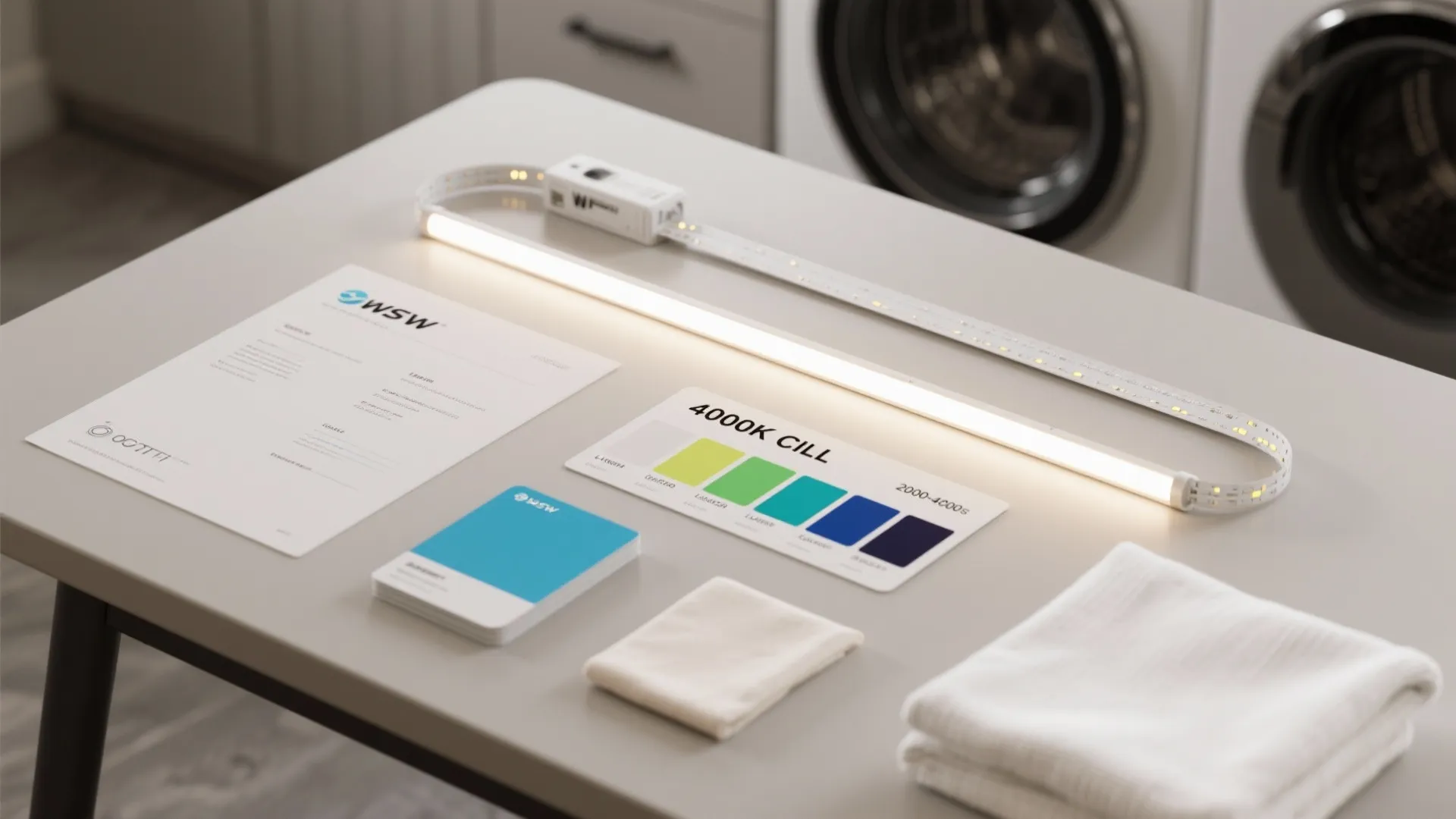 Desktop flatlay showing a glowing light strip color sample cards white towels and professional design documents