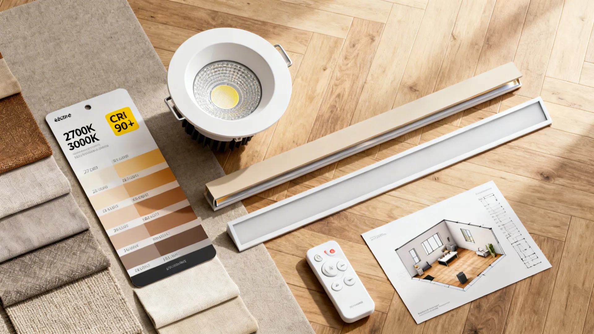 Flatlay of recessed lighting samples, color temperature swatches, CRI card, and a dimmer remote.