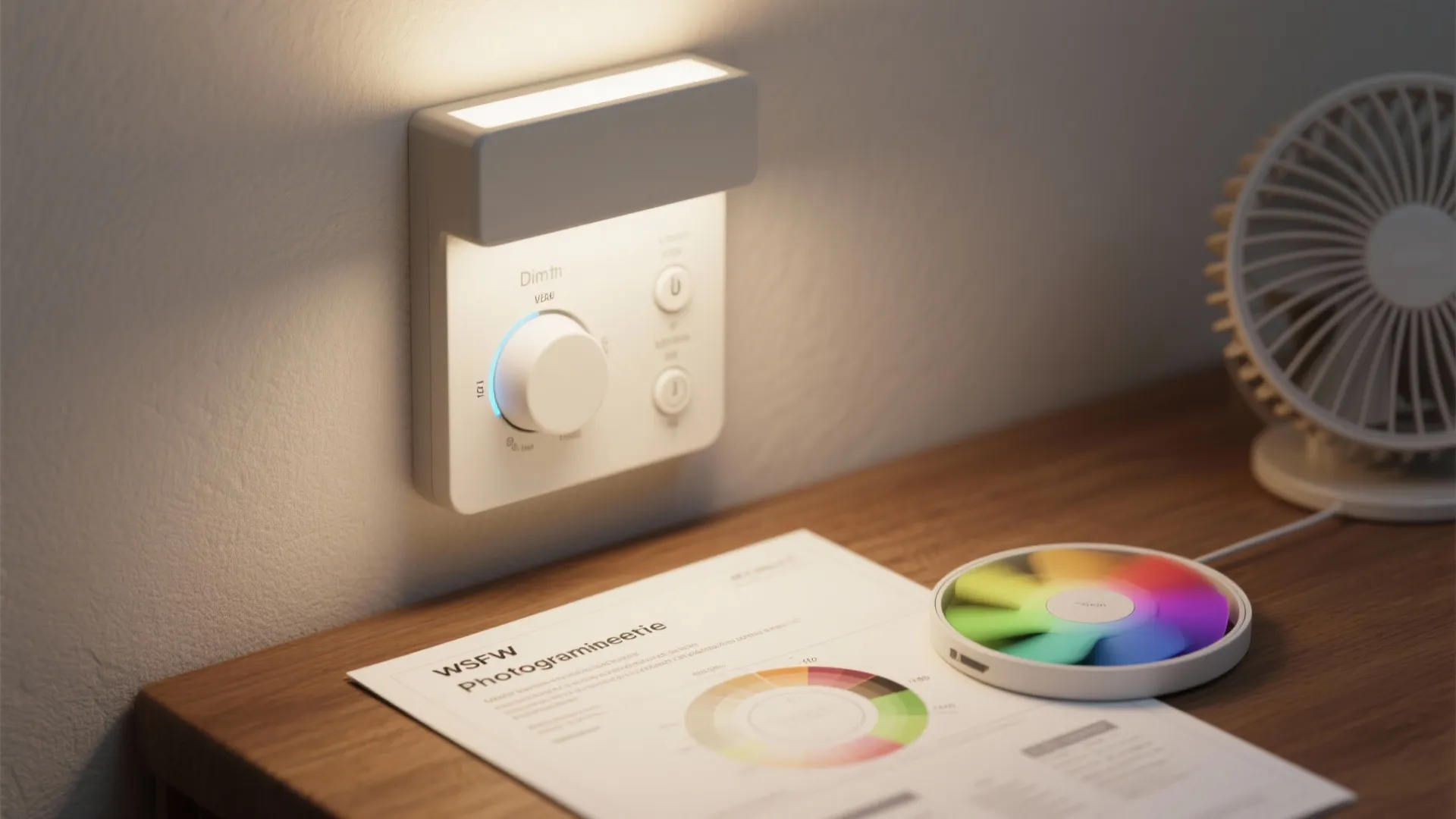 Dimming control panel, photometric sheet, and color temperature samples illustrating design decisions.