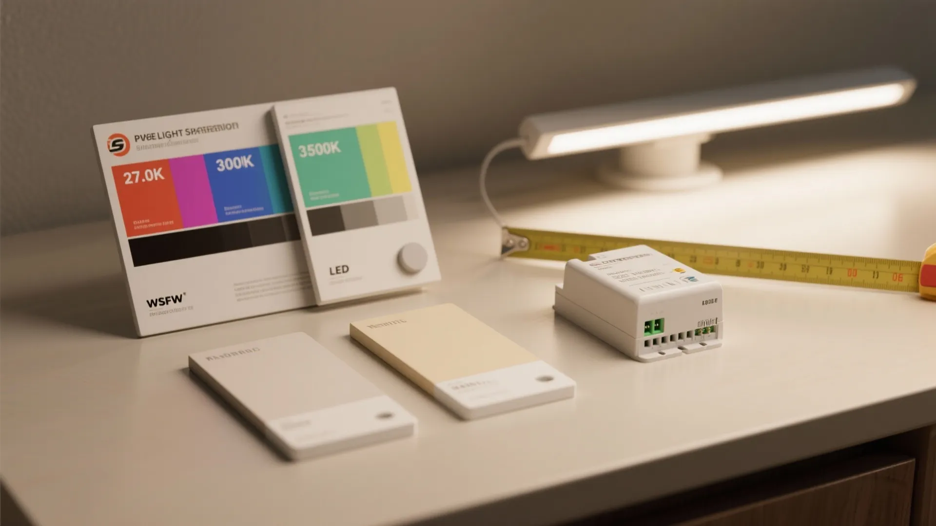 White desk with color temperature cards and a light fixture next to a yellow tape