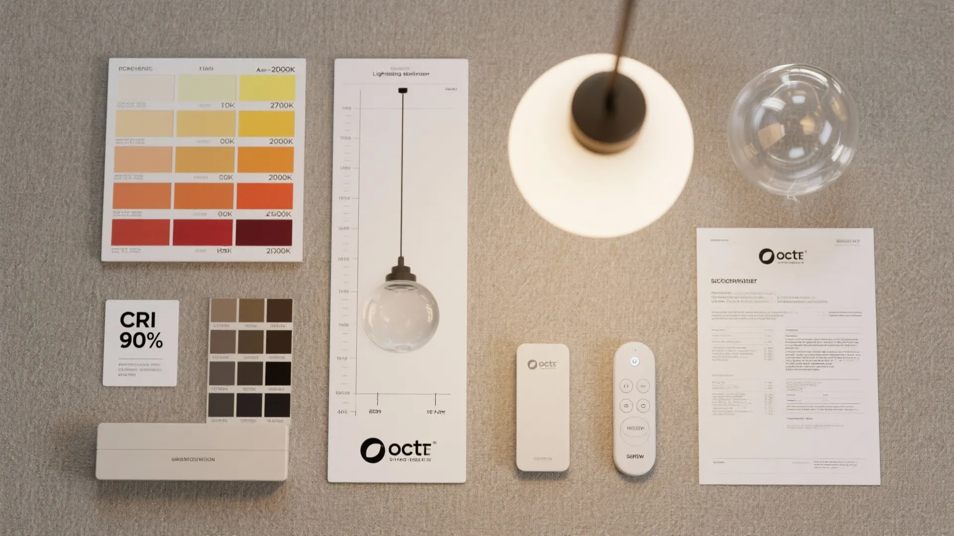 Flatlay of dining lighting spec materials: warm color swatches, CRI label, frosted and clear globe samples, and measurement guide.