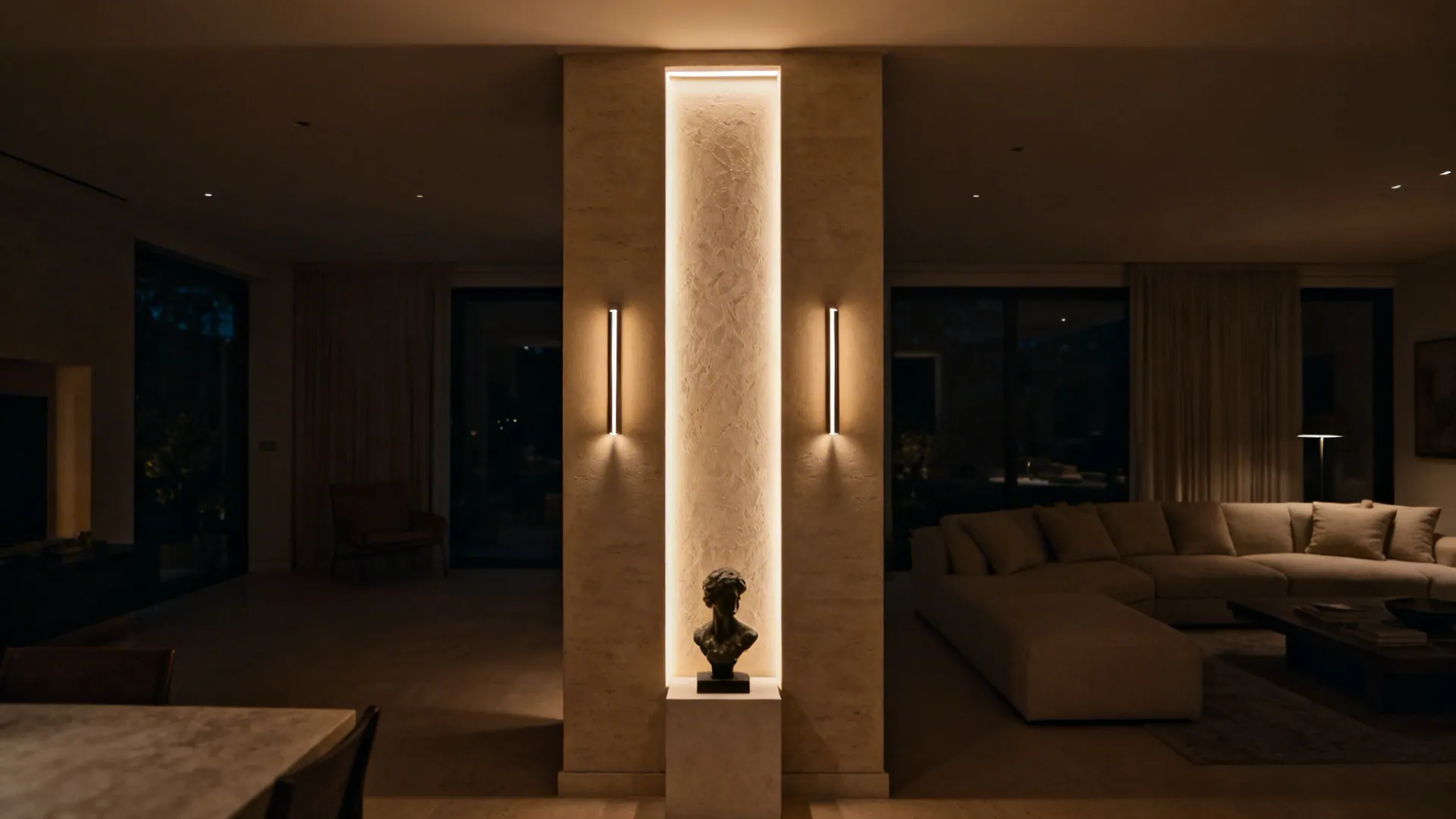 Living room column used as a lighting spine with LED grazers, slim sconces, and a small sculpture plinth.