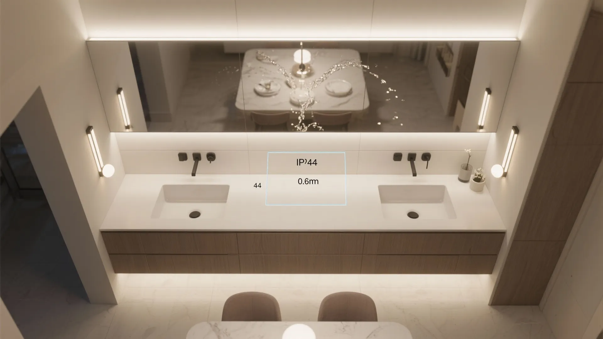 Modern bathroom vanity with double sinks mirror wall light fixtures and safety zone measurement diagram