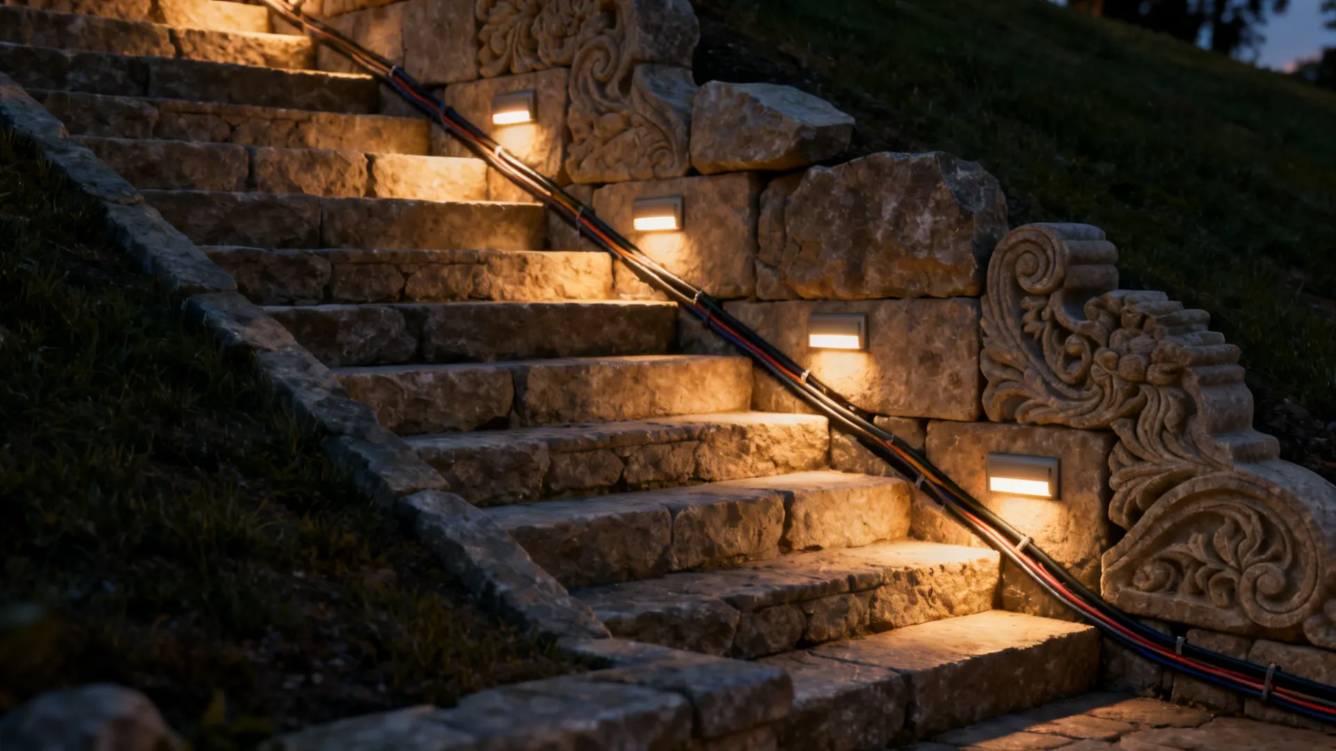 Outdoor stone stairs at night with warm wall lights installed along the side stone wall