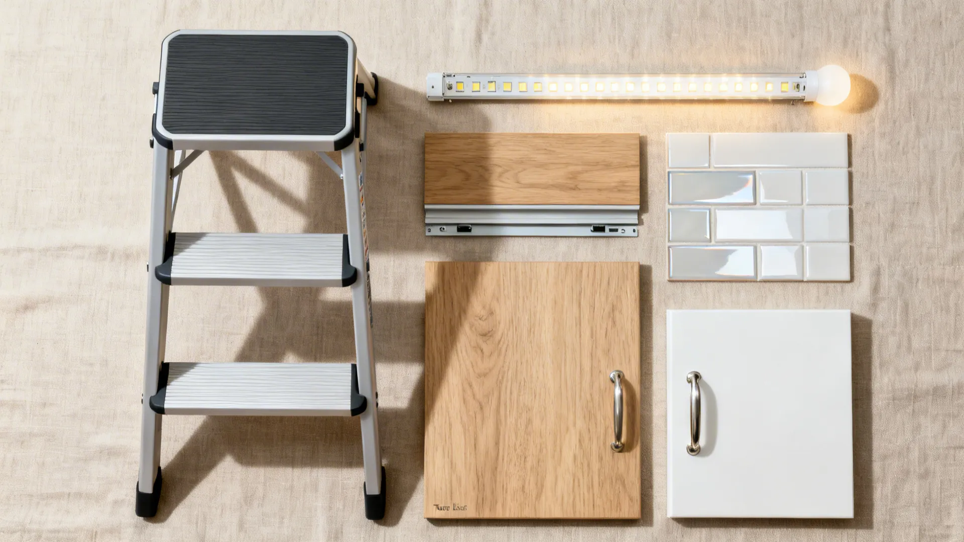Flatlay of a fold-flat step stool, toe-kick drawer parts, LED strips, and finish samples.
