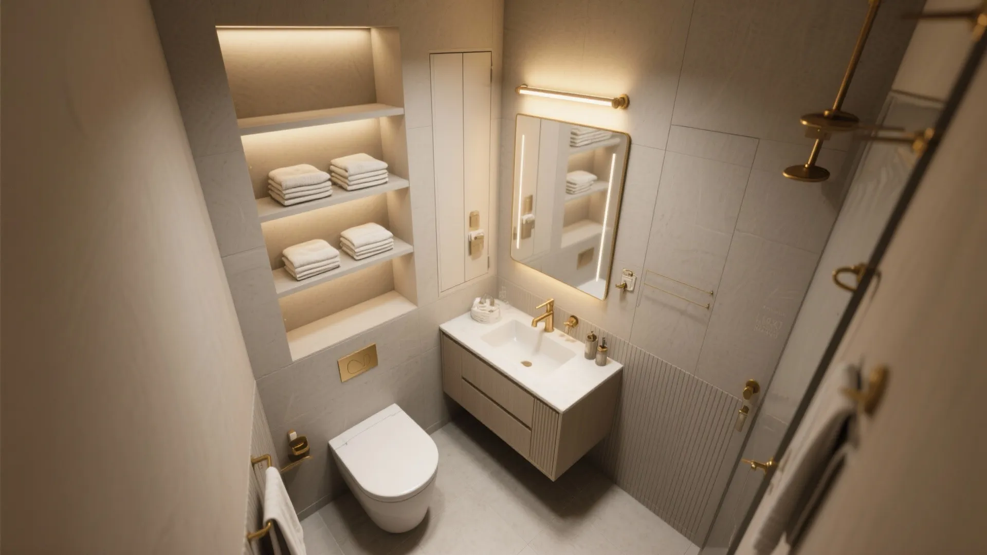 Modern small bathroom featuring warm lighting recessed wall shelves white toilet and a floating cabinet