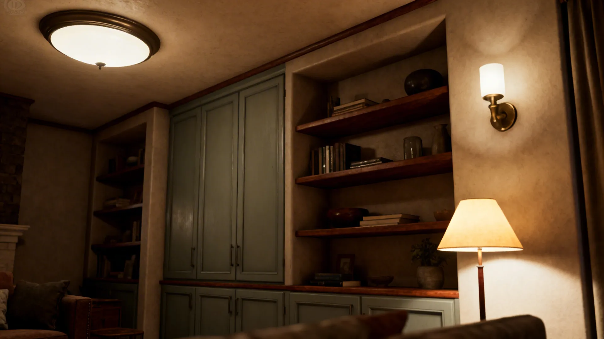 Layered lighting and mixed open-and-closed storage solutions in a small living room