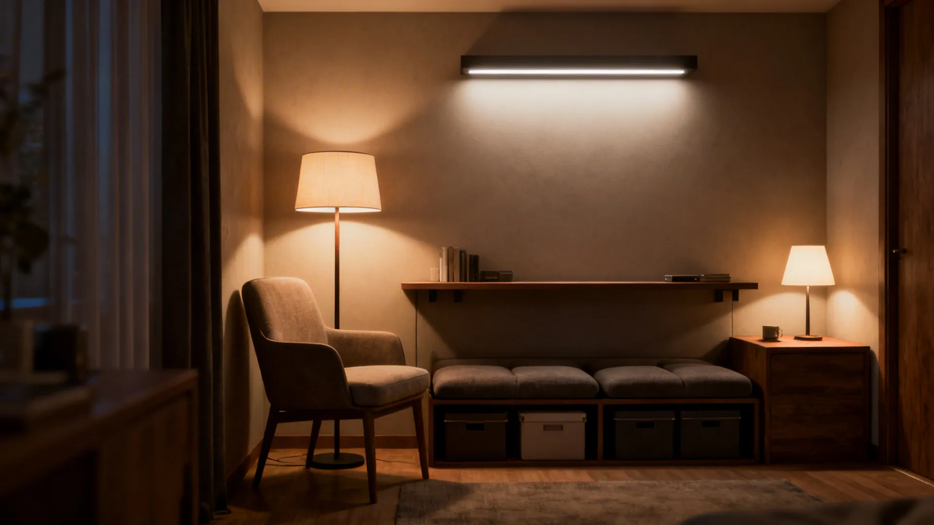 Layered lighting with floor and table lamps and storage-friendly console behind a sofa in a small living room.