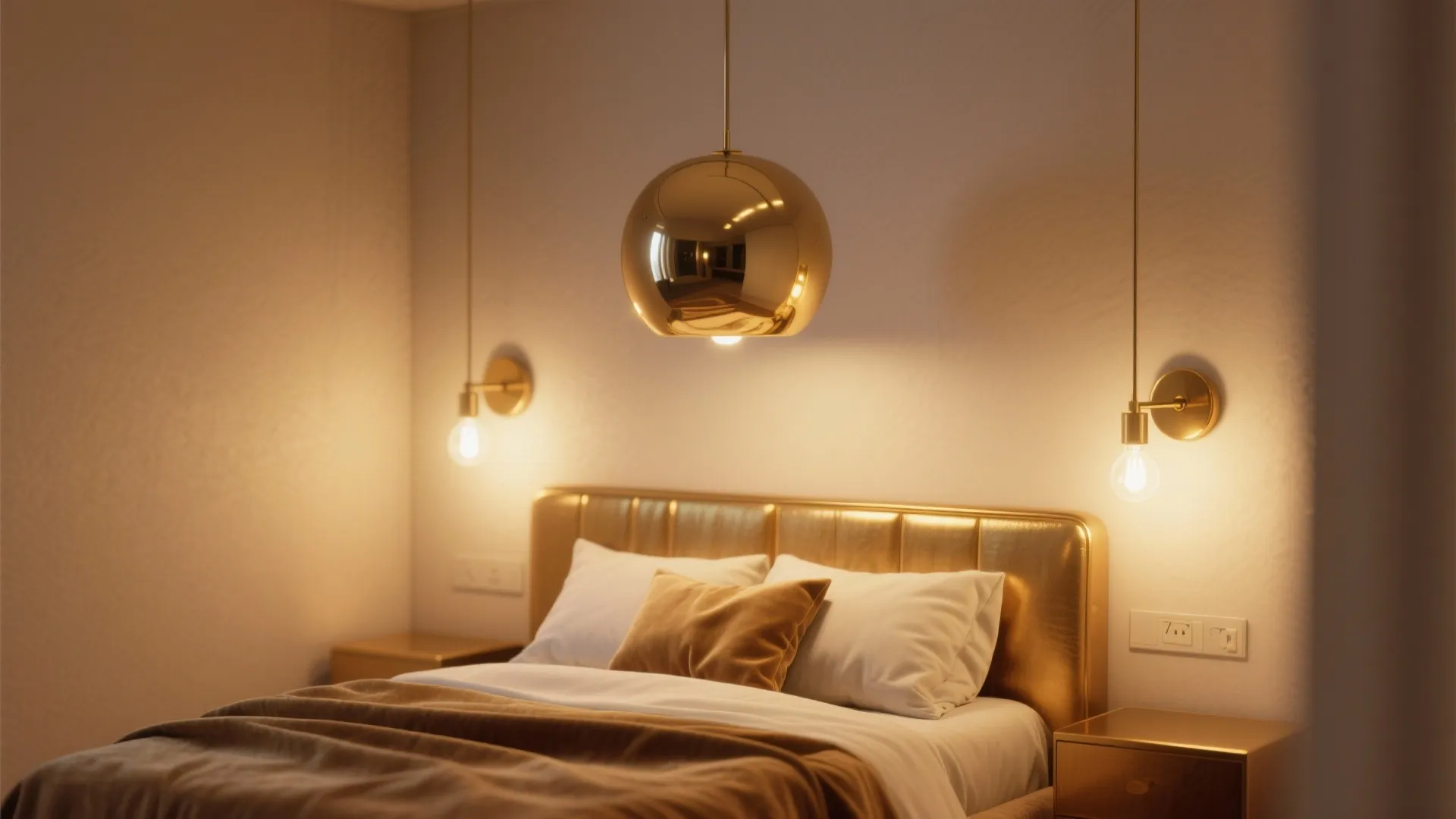 Cozy bedroom lighting with gold ceiling light and matching wall lights over a double bed