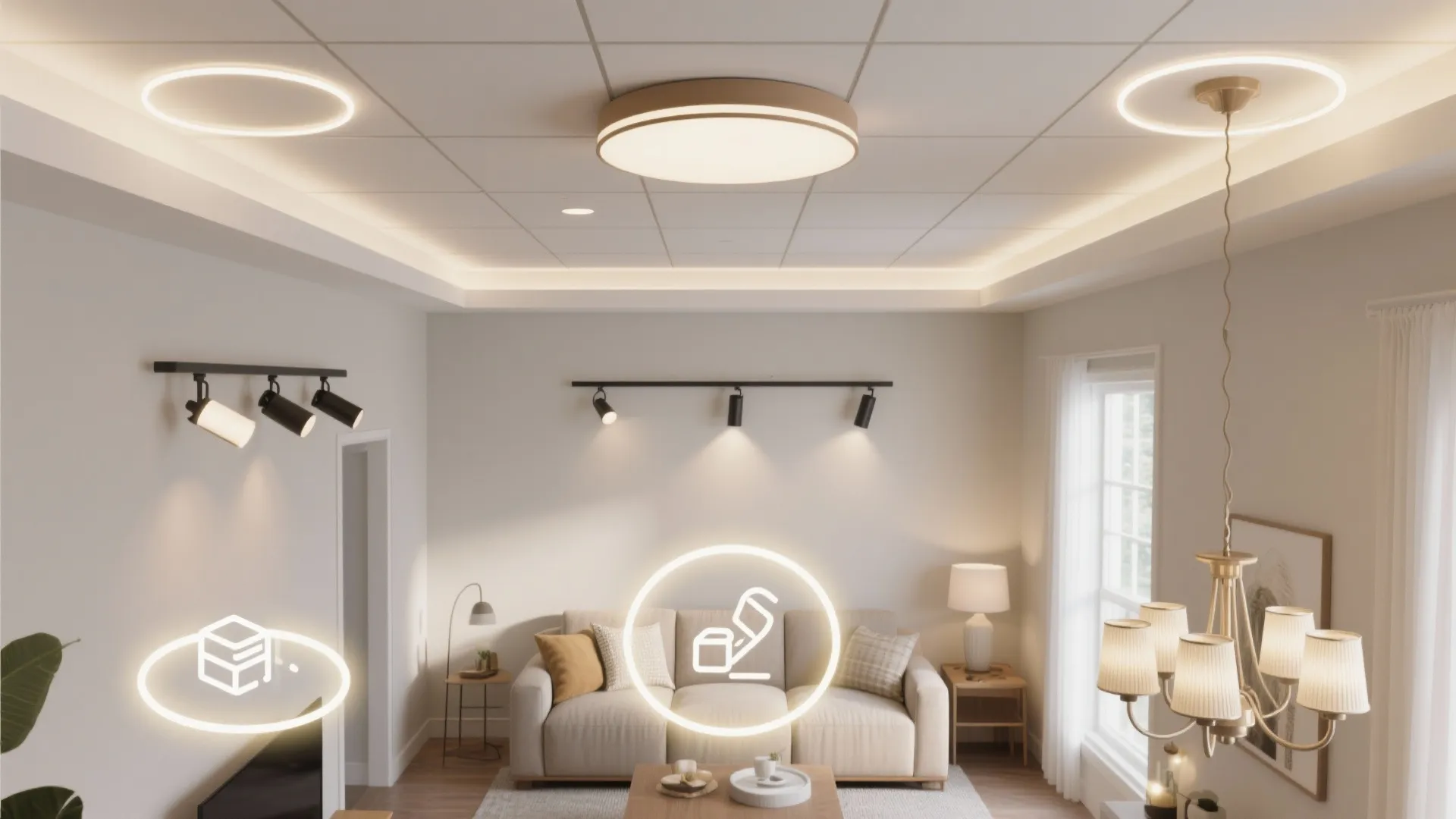 Living room interior design drawing showing various ceiling lights wall lights and a large sofa