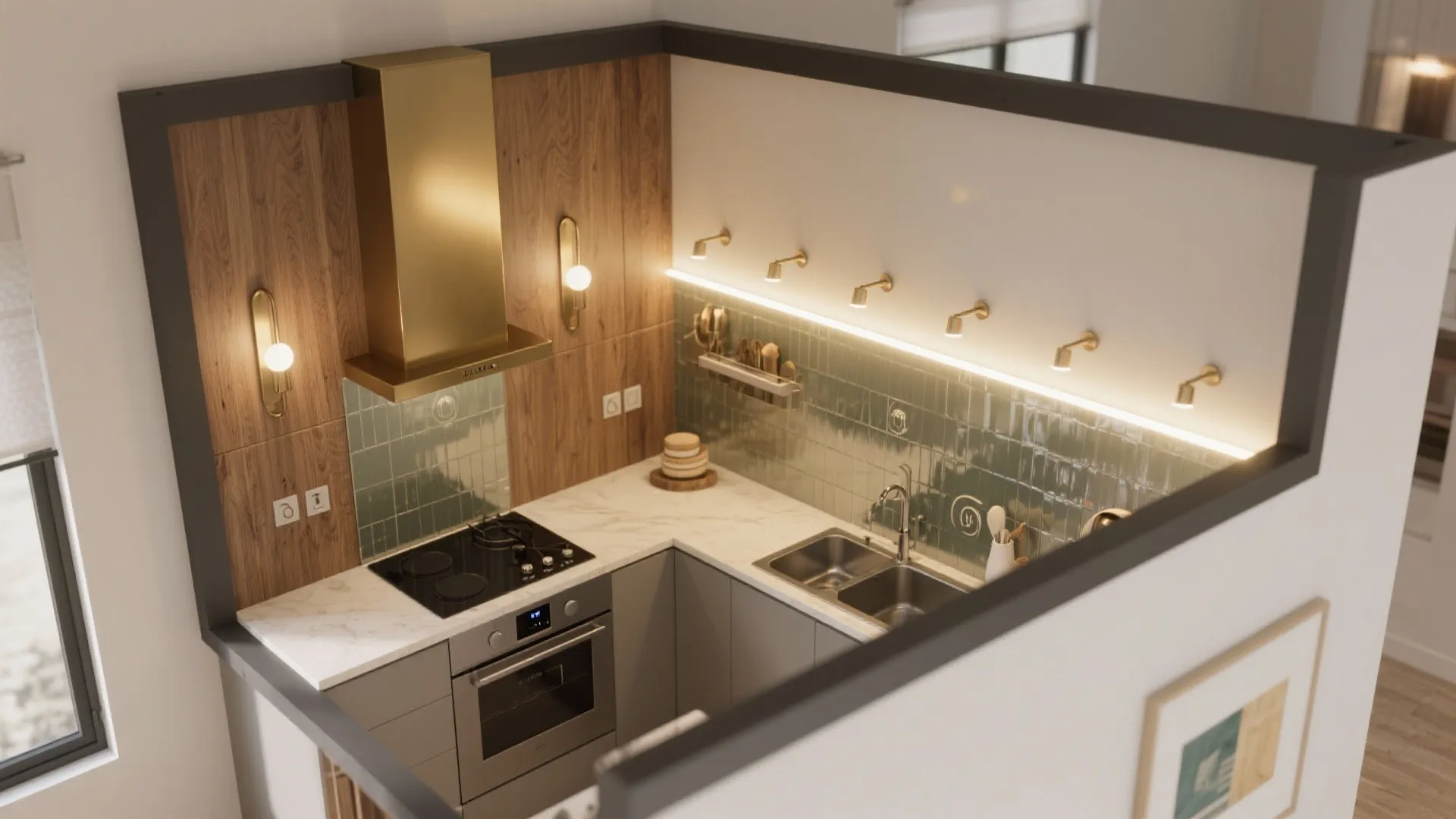 Small kitchen interior design drawing with gold hood wall light green tiles and grey cabinets
