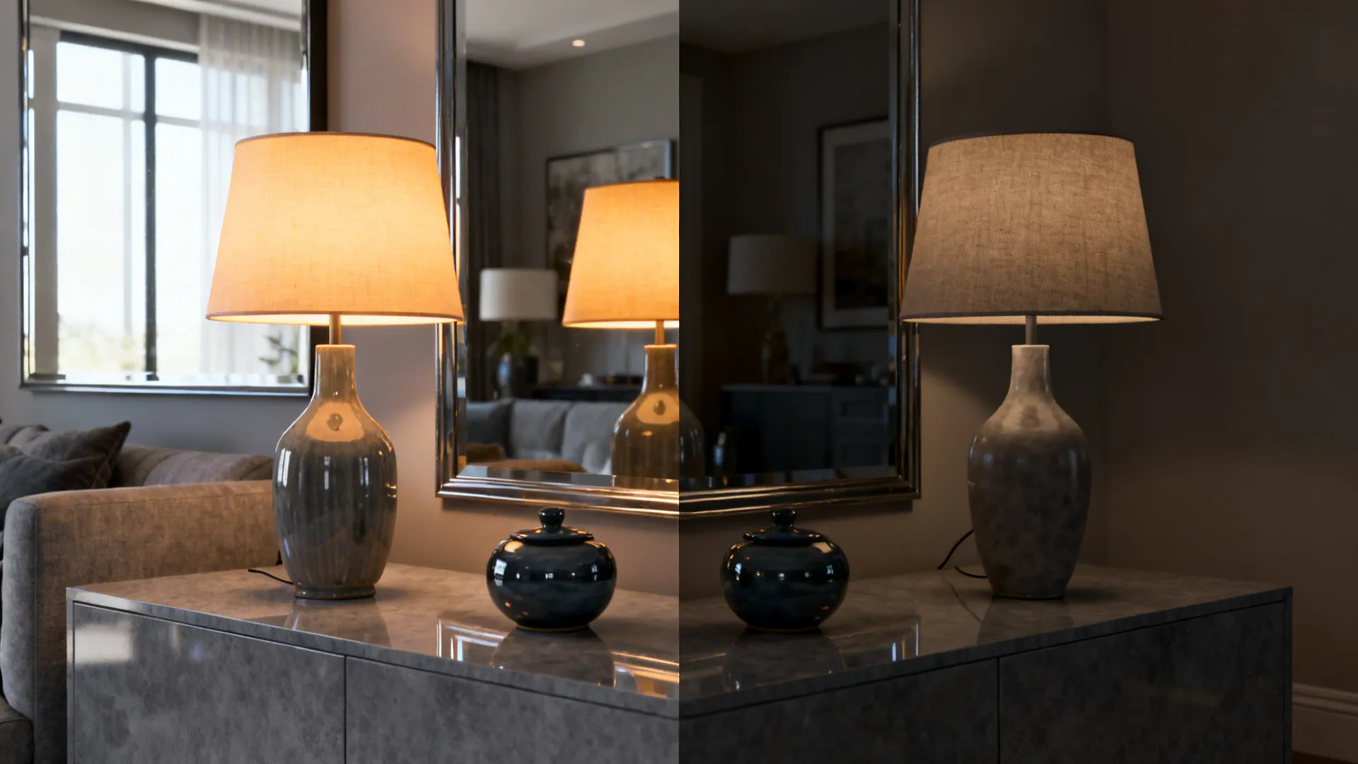 Lighting study showing warm LED bulbs and reflective grey finishes to balance olive tones.