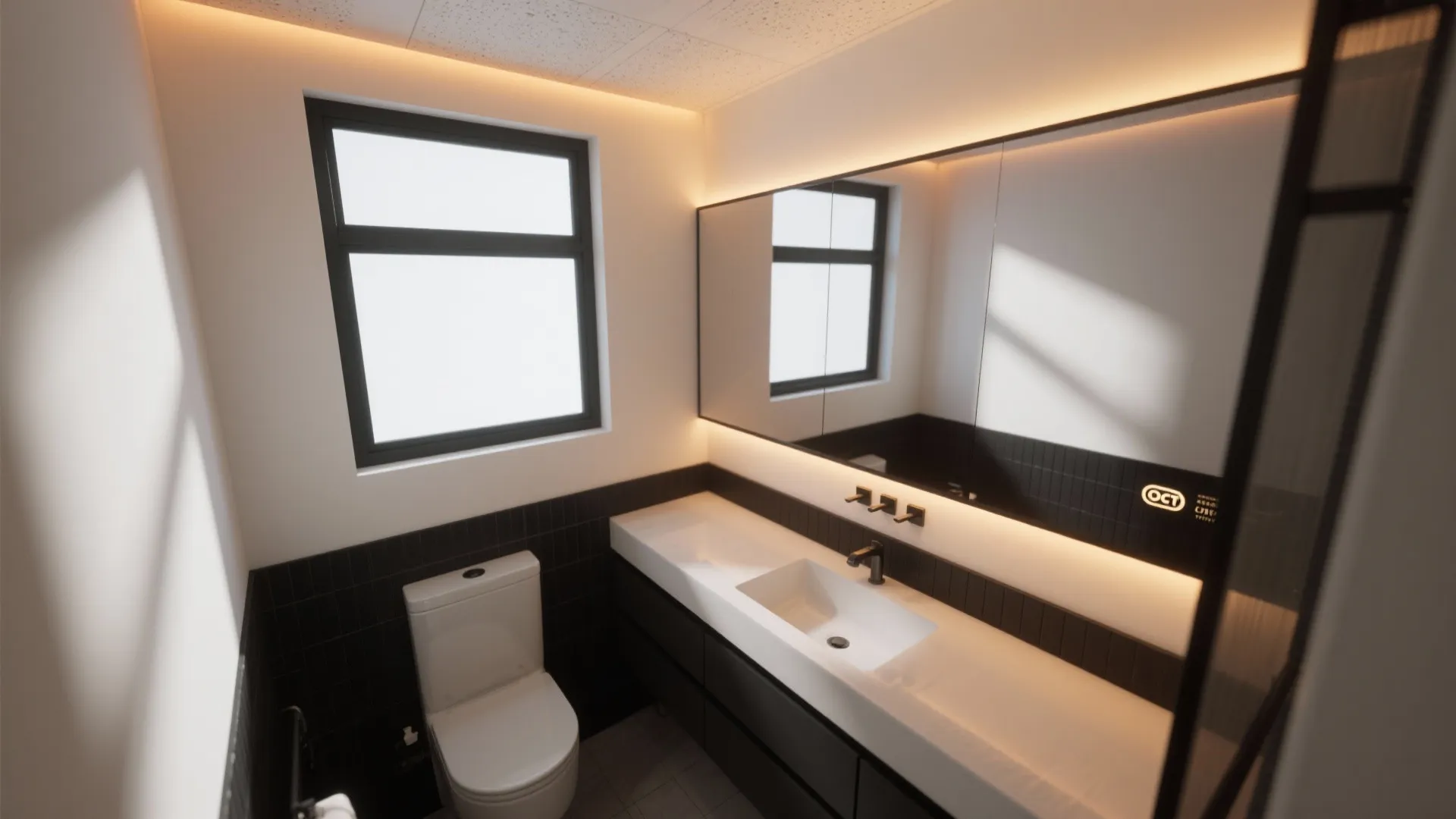 Top-down view of lighting design: warm mirror LEDs and under-vanity glow in a small bathroom.