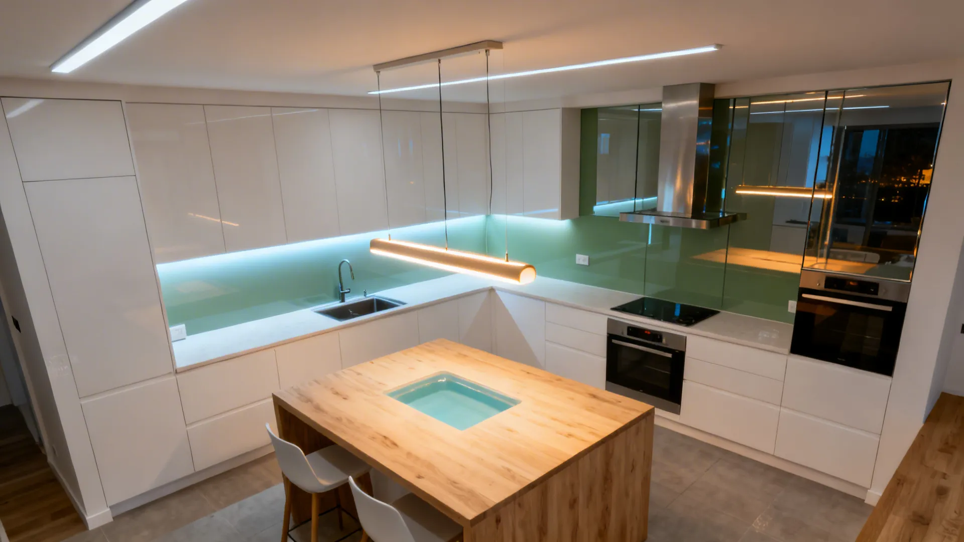 Top-down summary showing under-cabinet LEDs, a linear pendant, glass backsplash, dim-to-warm scene, and a ceiling linear.