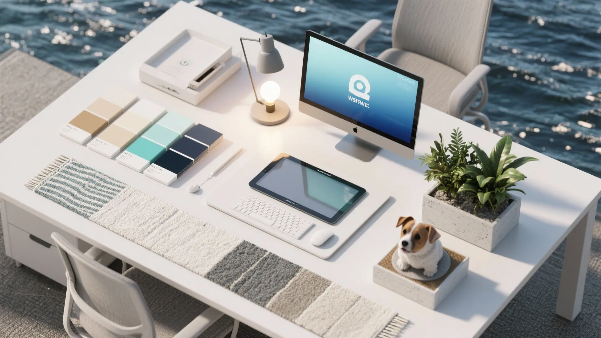 Interior design workspace with color swatches a tablet computer and small plant on white table