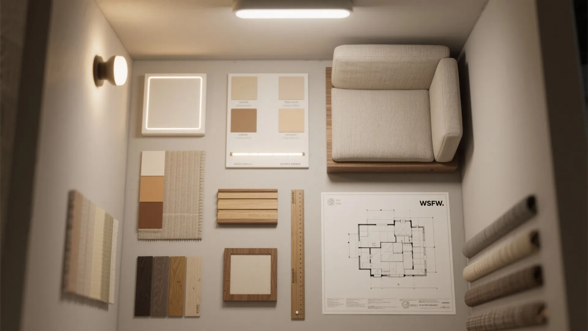 Interior design mood board with floor plan drawings fabric swatches wood samples and wall light