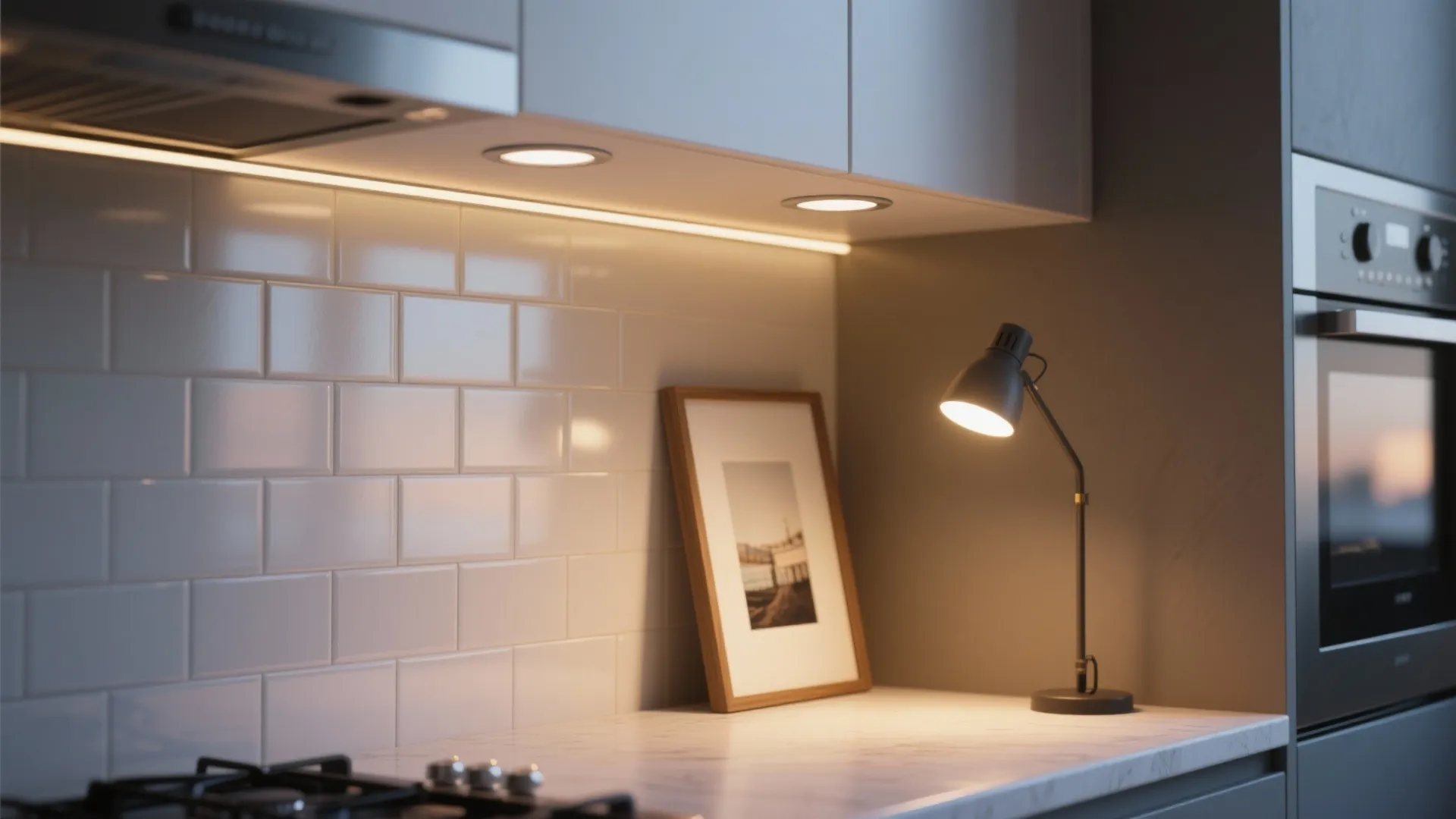 Under-cabinet task light, recessed ambient lights, and an accent picture light in a small kitchen