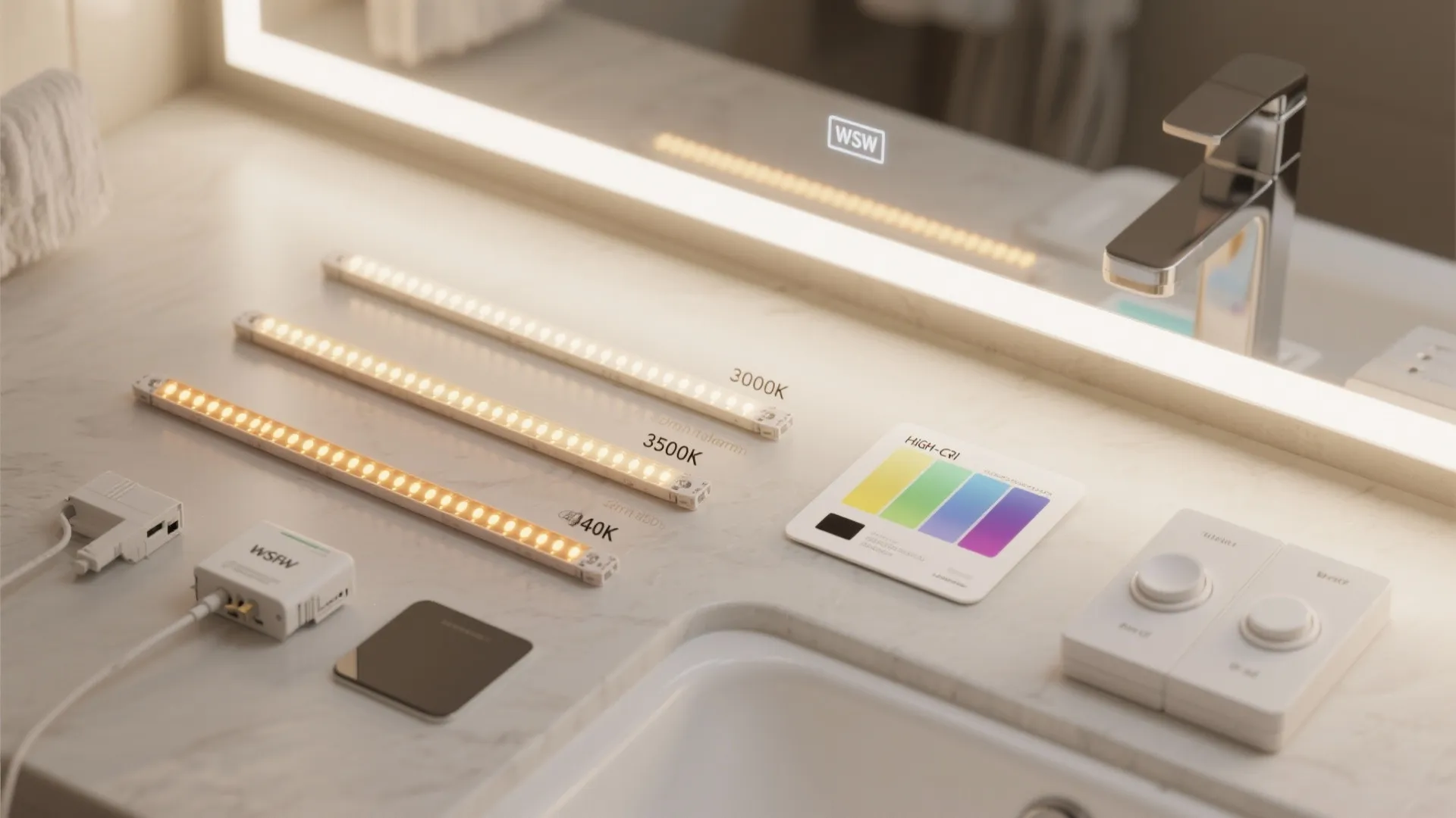 Bathroom counter with led light strips showing different color temperatures and a smart light switch