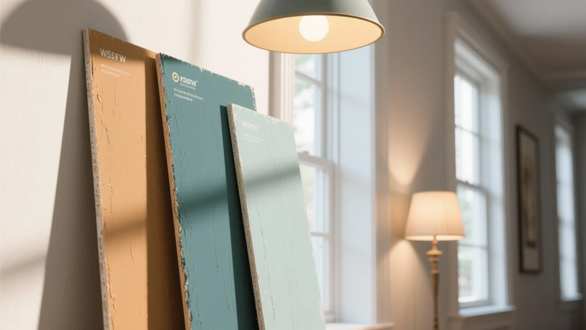Three colored wall panels leaning against white wall under a hanging yellow ceiling light fixture