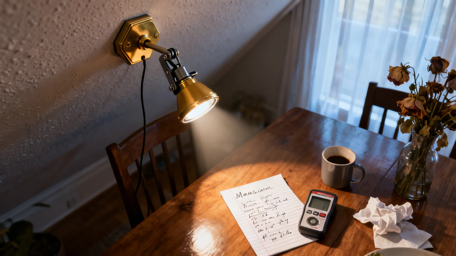Floor lamp positioned as a mock sconce to test light distribution in a low-ceiling dining room.