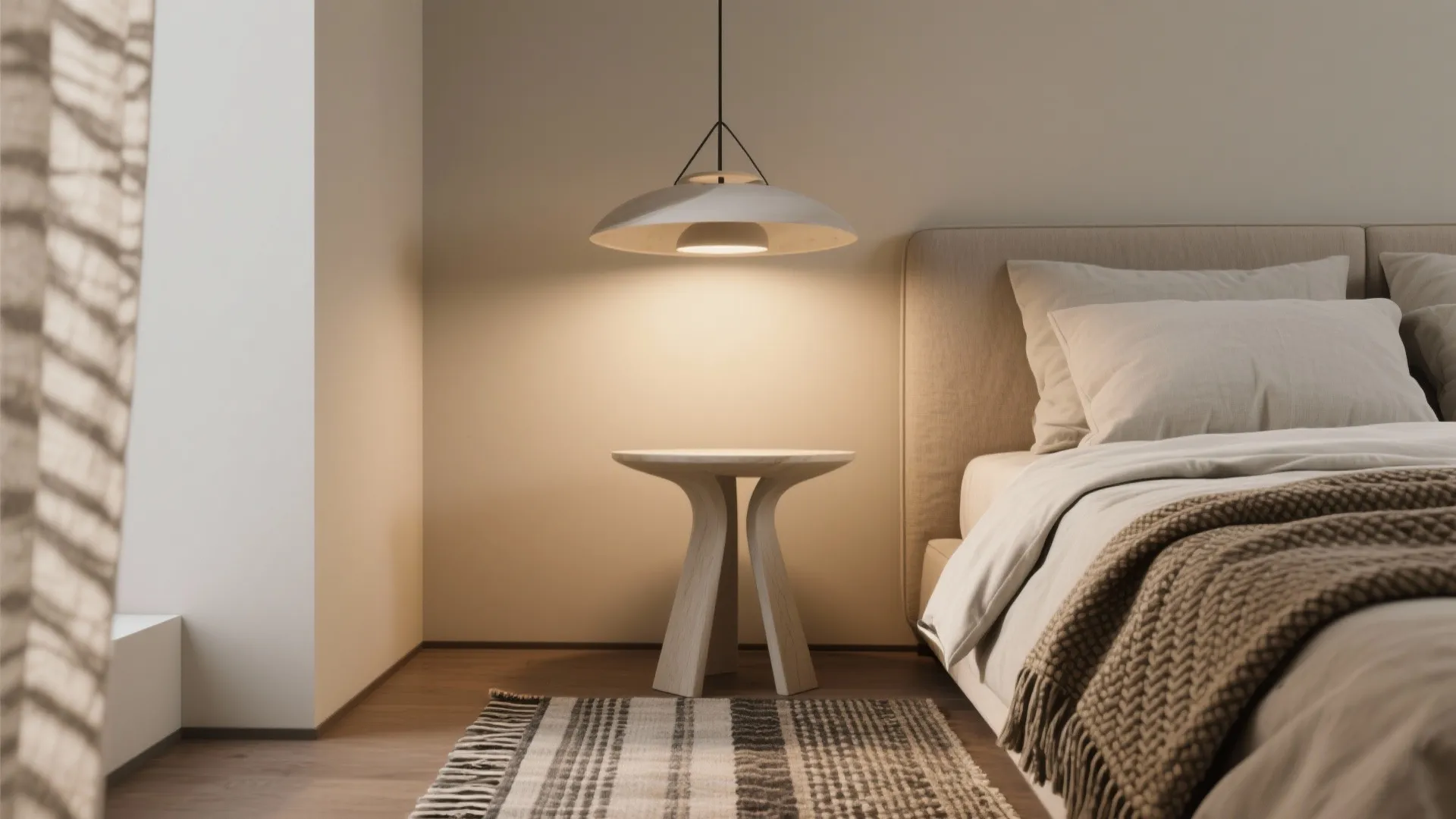 Minimalist bedroom scene with a round ceiling light hanging over a small wooden side table