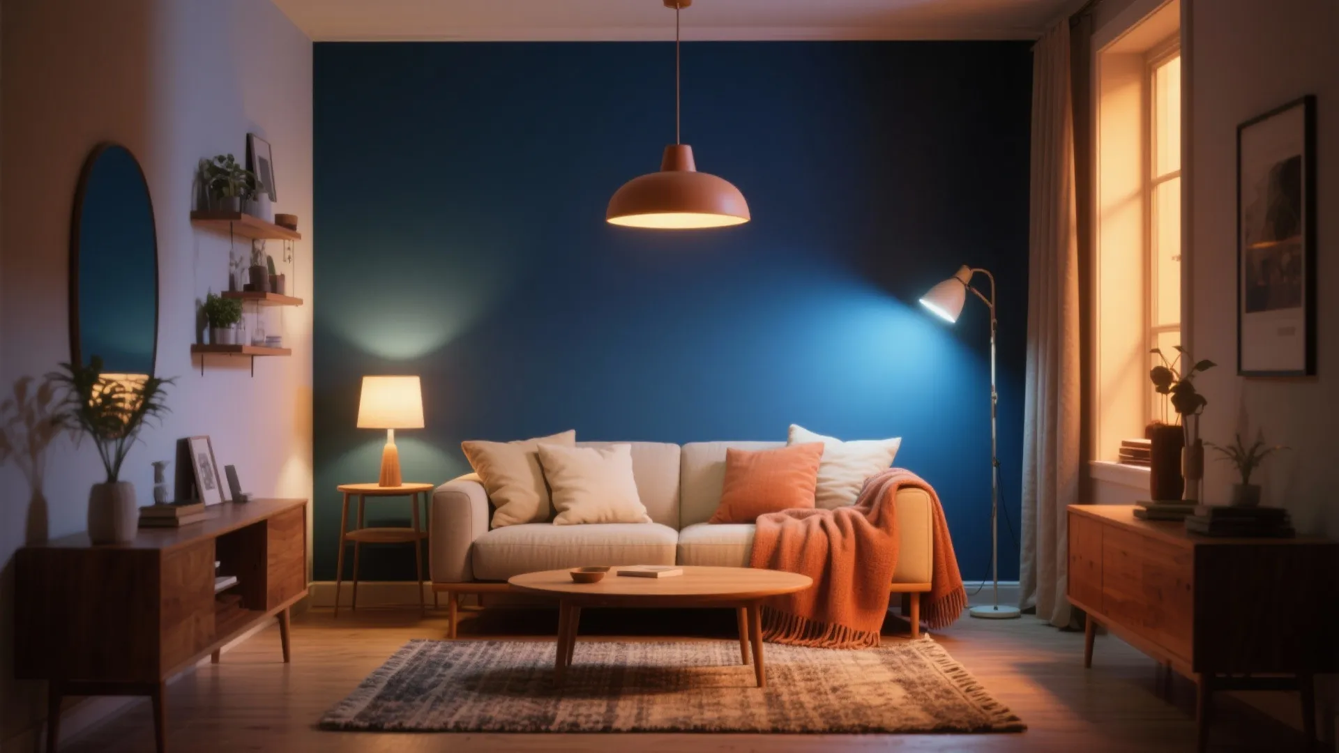 Cozy living room with blue wall, white sofa, orange blanket, wooden table, and ceiling light