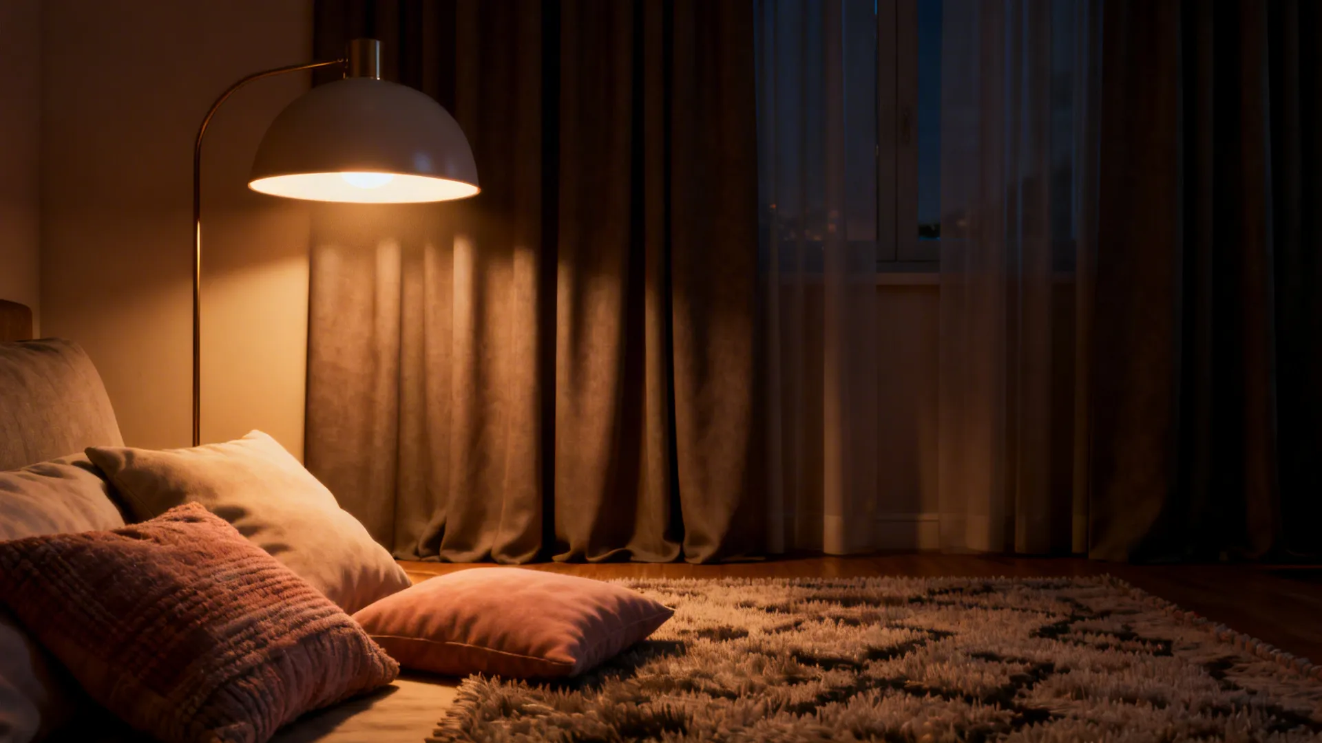 Layered lighting and soft textiles including blackout curtains and warm lamps