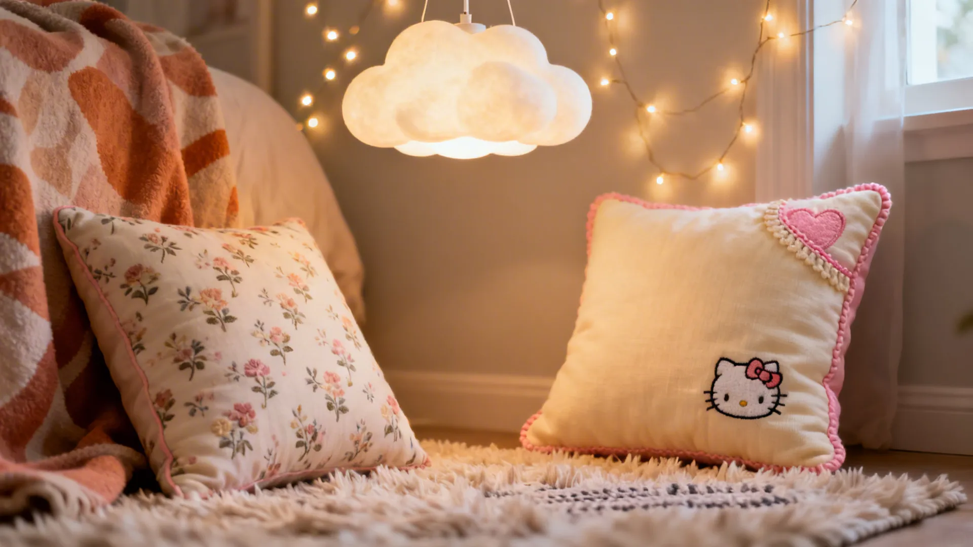 Cozy corner with cloud pendant, fairy lights and embroidered Hello Kitty cushion on a plush rug.