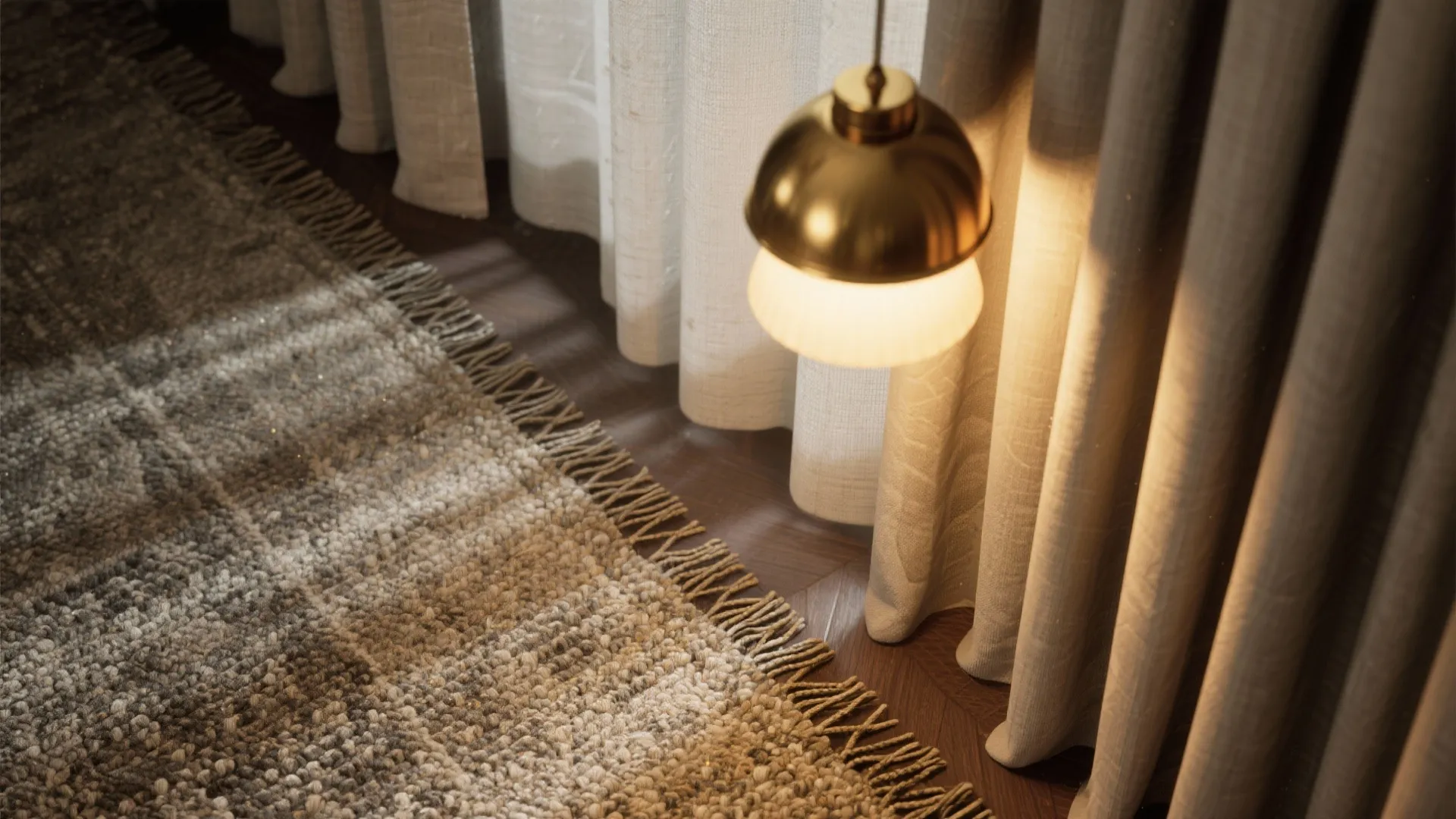 Close-up of pendant light, rug fibers and curtain fabric showing layered finish details