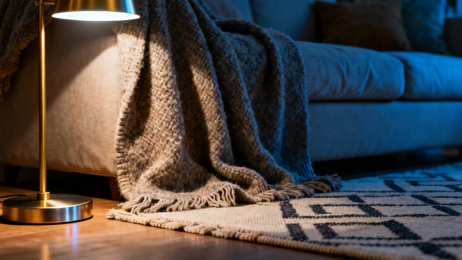 Metal floor lamp lighting a textured blanket on a sofa above a geometric pattern floor rug
