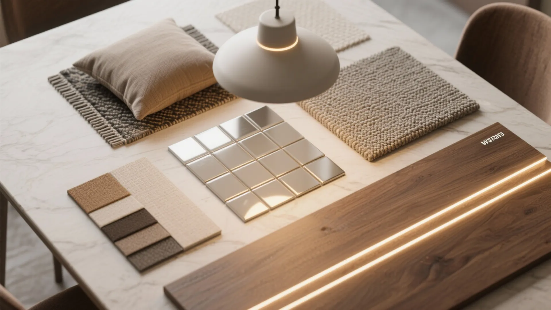 Interior design mood board with fabric samples wood panel tiles and a white ceiling light