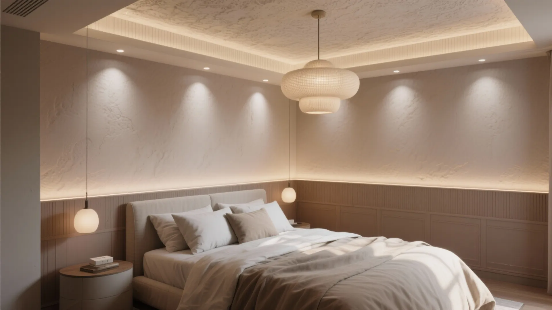 Warm bedroom with textured wall panel soft light fixtures white bed and neutral color palette