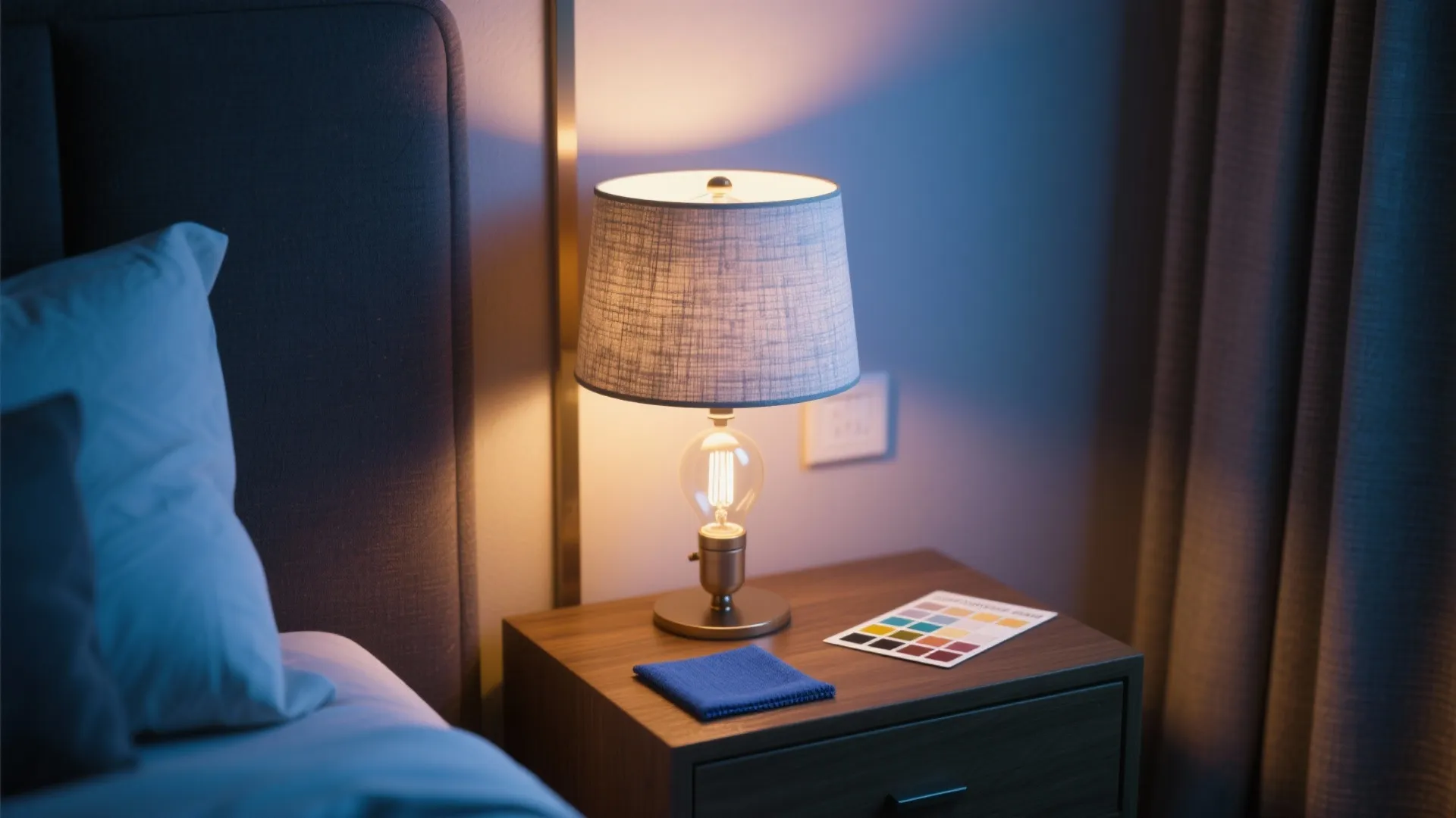 Close-up of layered lighting and fabric swatches on a wooden bedside table showing warm and cool options.