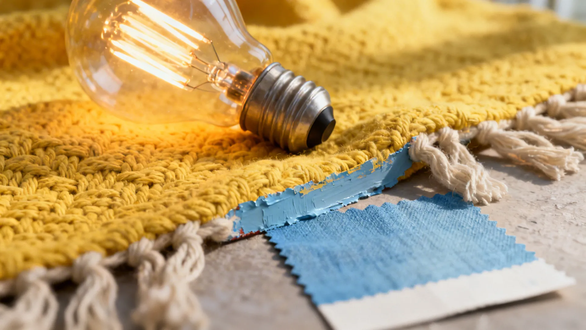 Macro detail of warm lamp light on yellow textile and nearby blue fabric showing undertones