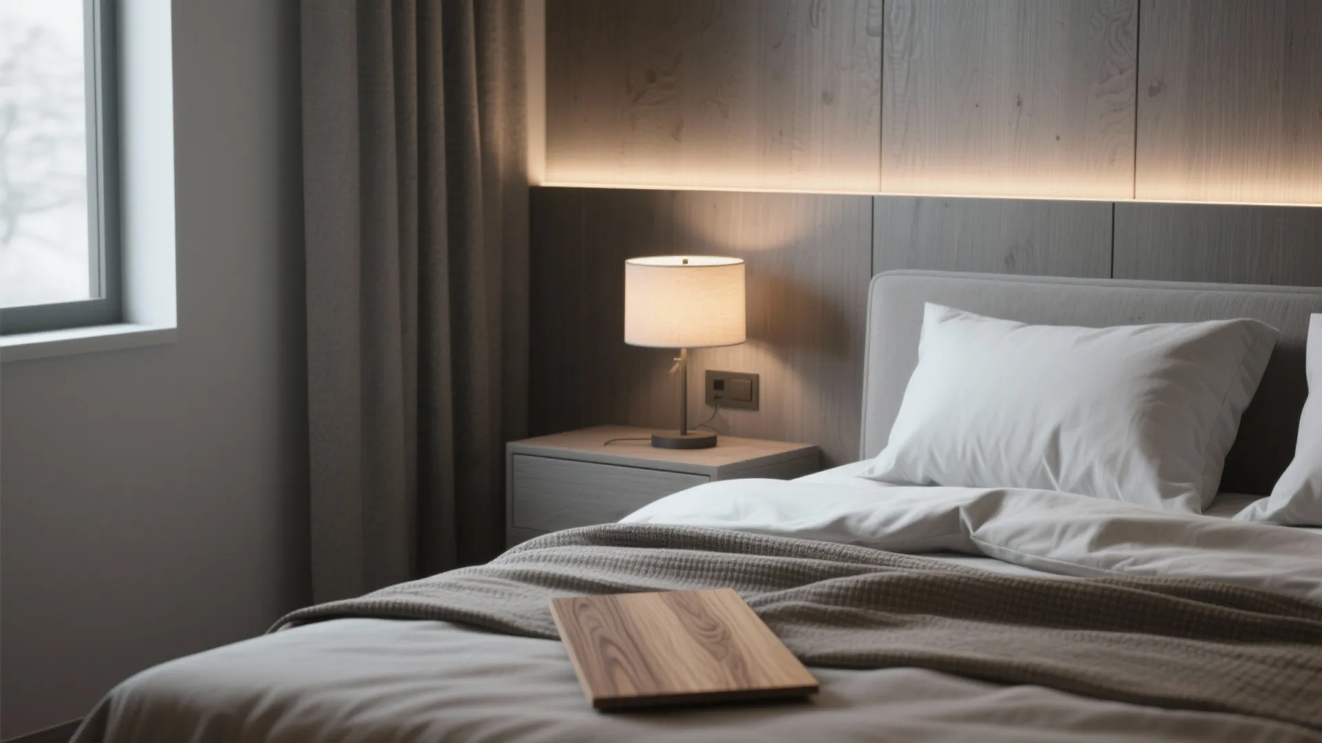 Layered lighting and close-up of grey wood grain and textured linens illustrating FAQ tips.