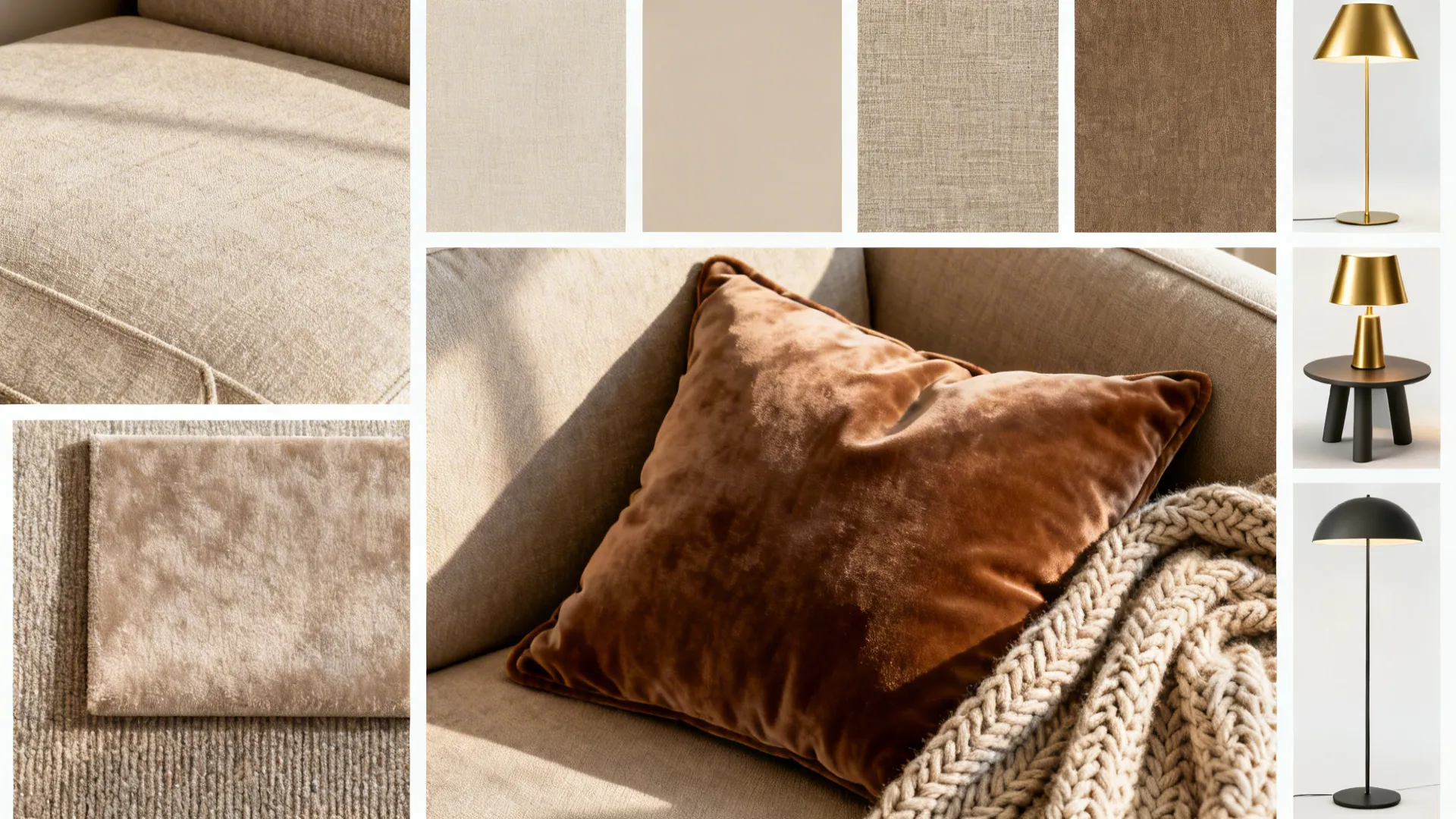 Flatlay of upholstery swatches, velvet cushion, knitted throw and lamp materials.