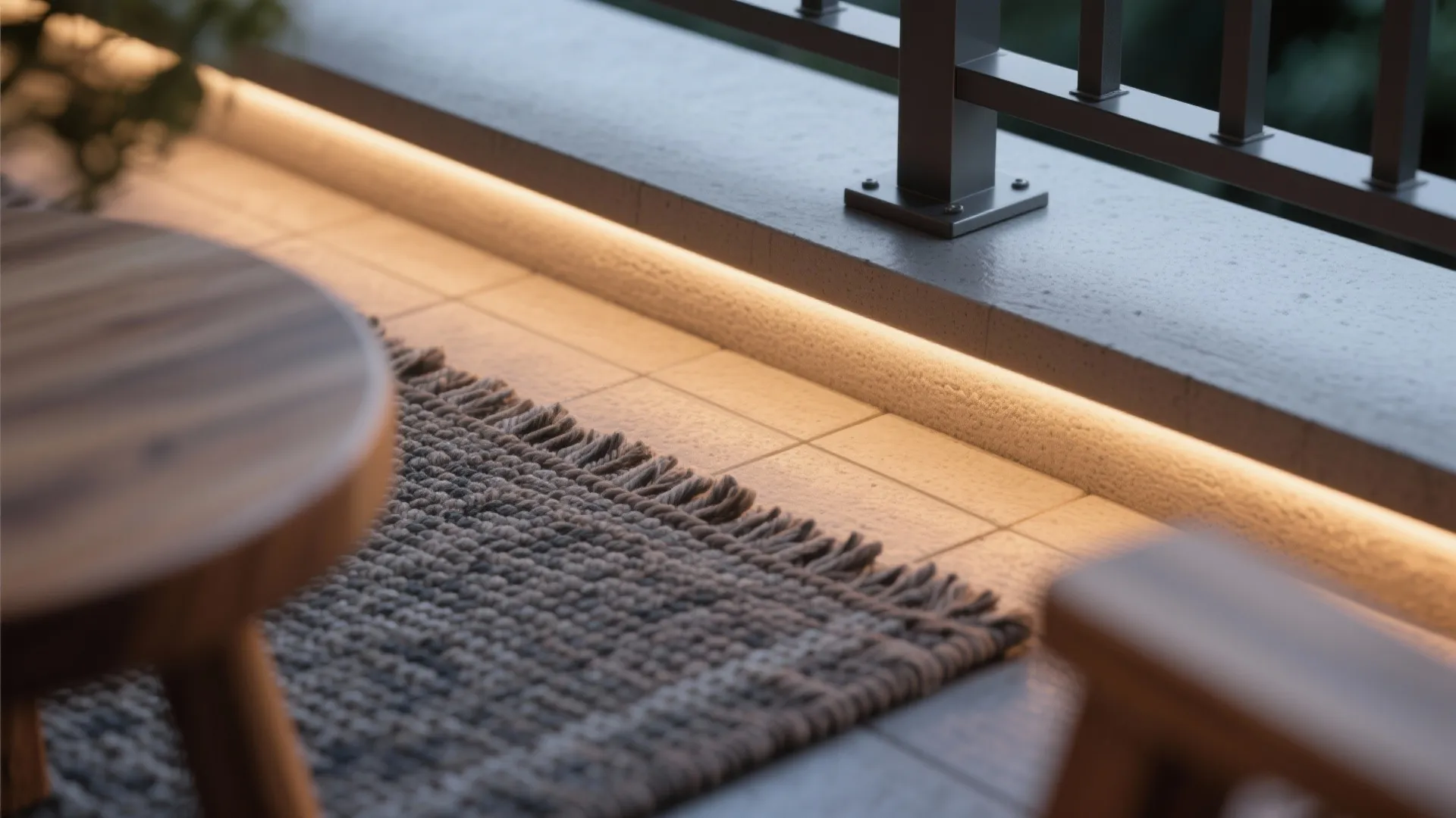 Close up view of floor light strip under balcony railing with grey rug and table