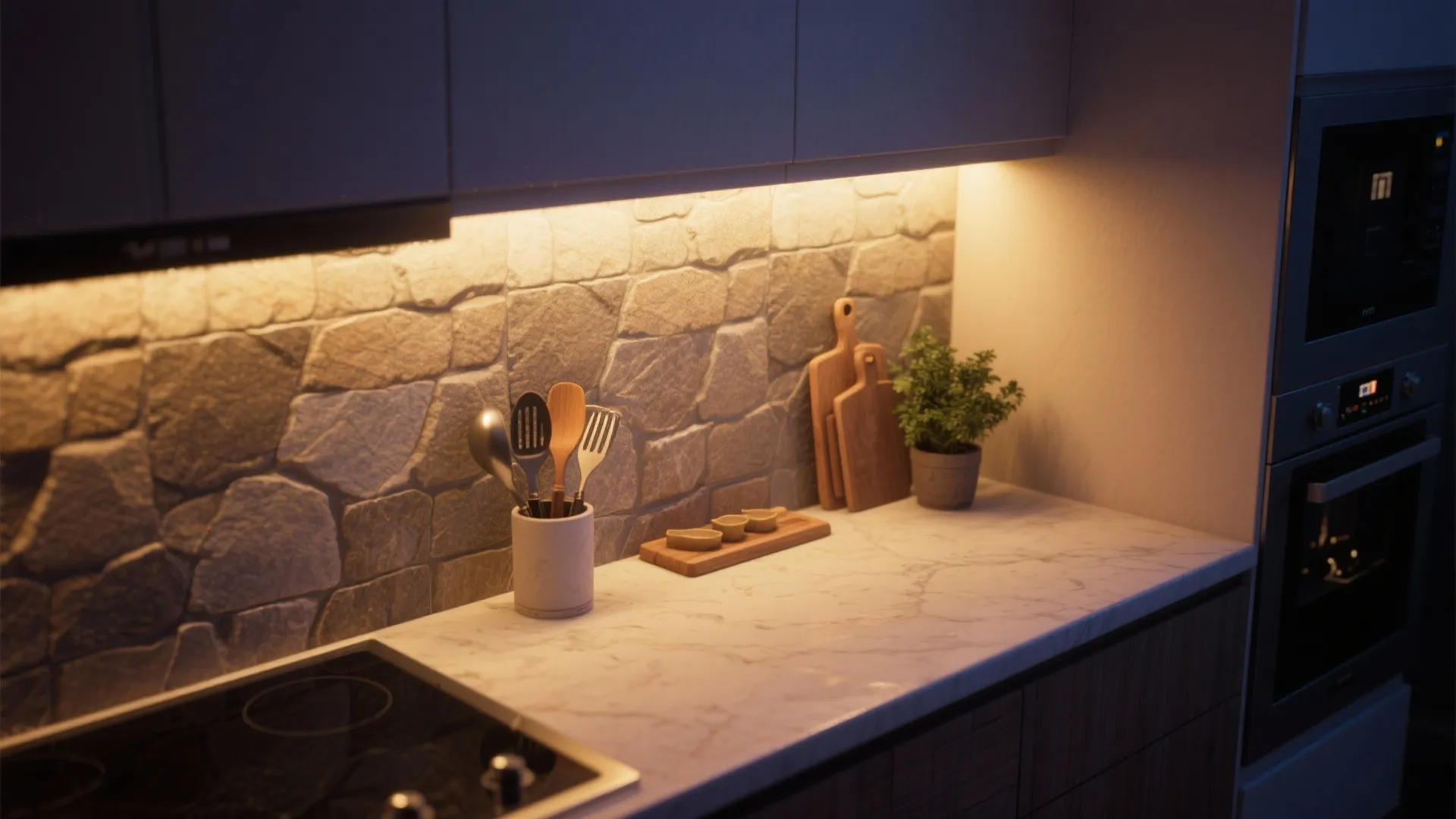 5. Integrated Lighting and Textured Stone
