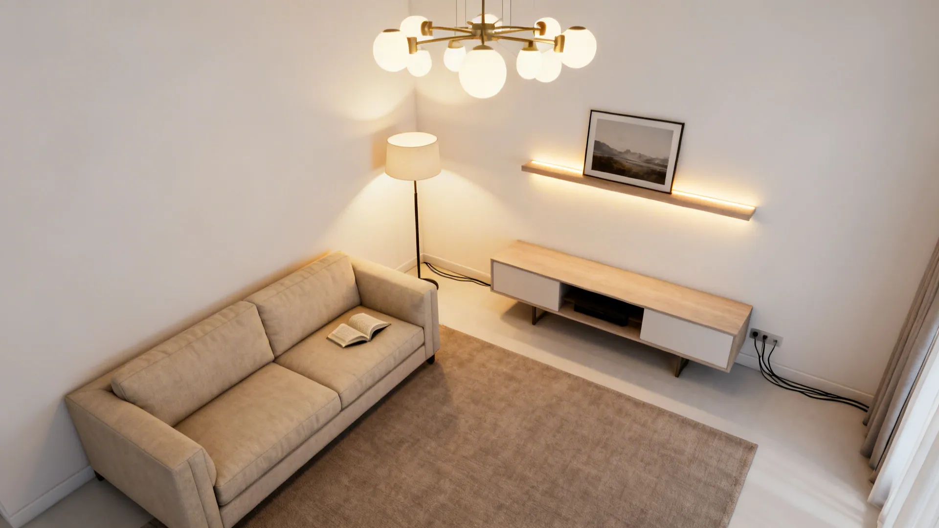 Top-down view illustrating ambient, task, and accent lighting in a neutral simple living room.