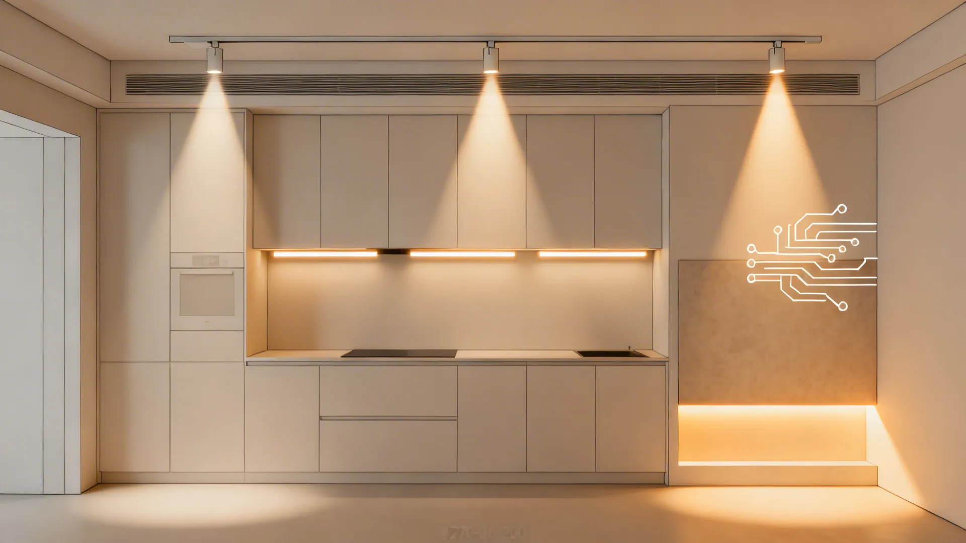 Interior design drawing showing kitchen cabinet layout with three ceiling lights and under cabinet lighting