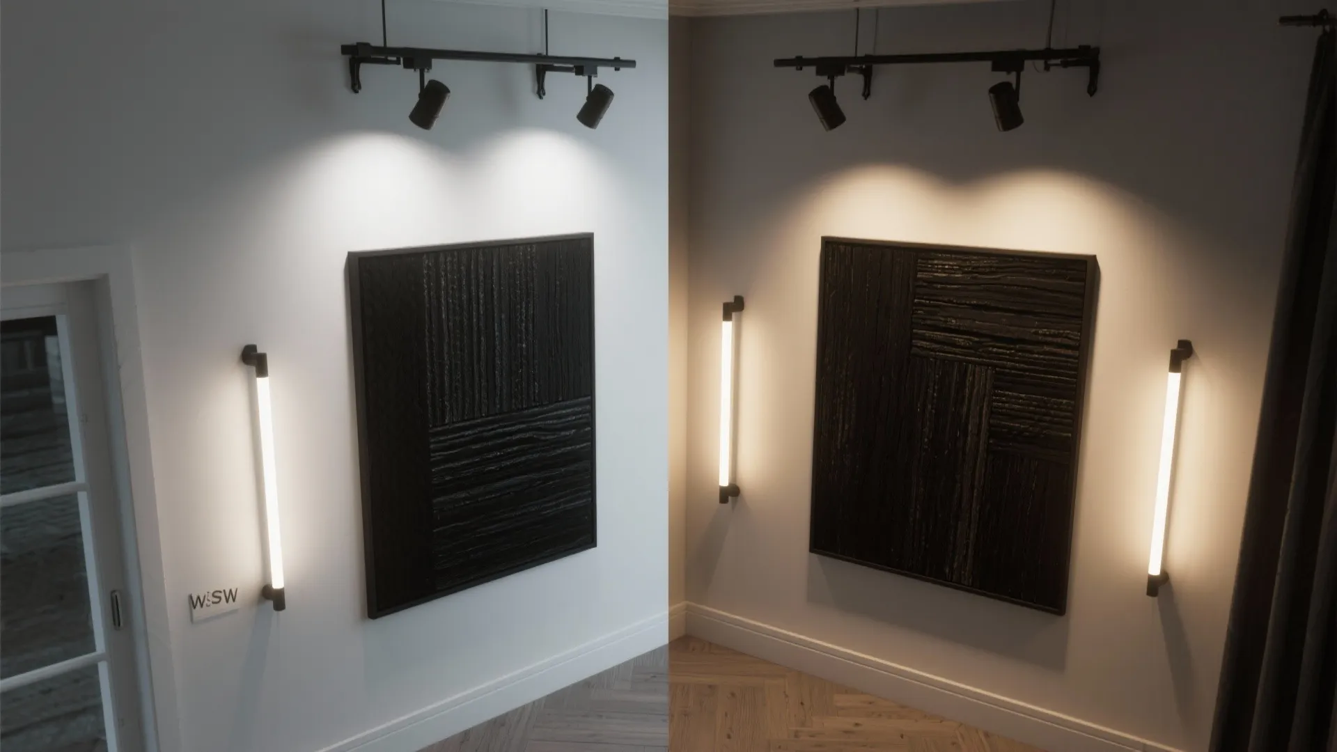 Adjustable picture lights and wall washers illuminating black artwork with low glare and skimming light.