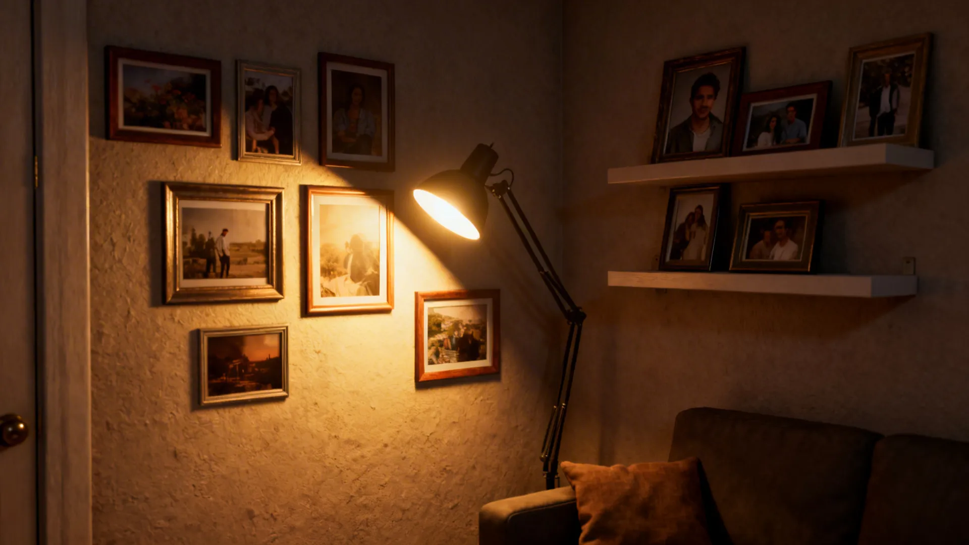Picture light and adjustable floor lamp highlighting wall art and shelves in a small living room corner.