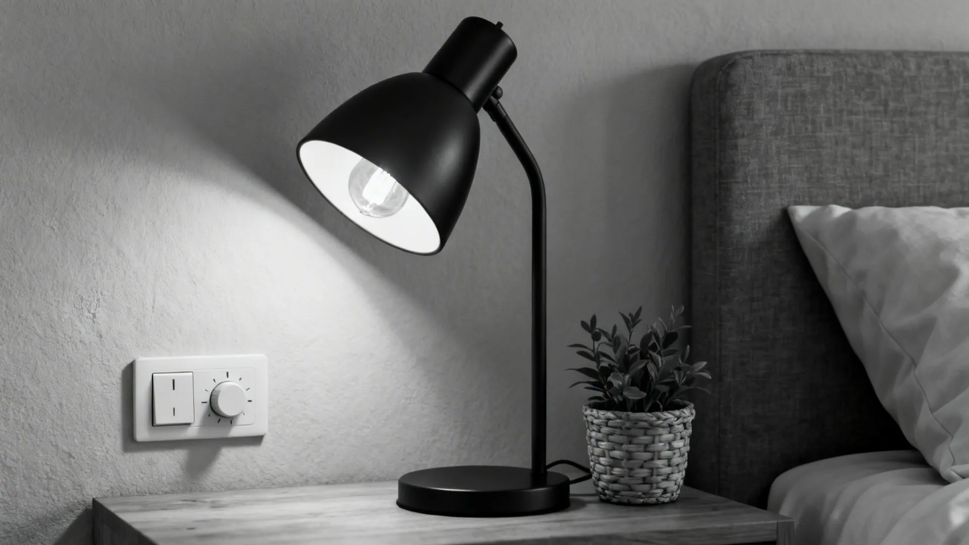 Warm LED lamp, dimmer and woven basket detail adding warmth to a black-and-white bedroom.