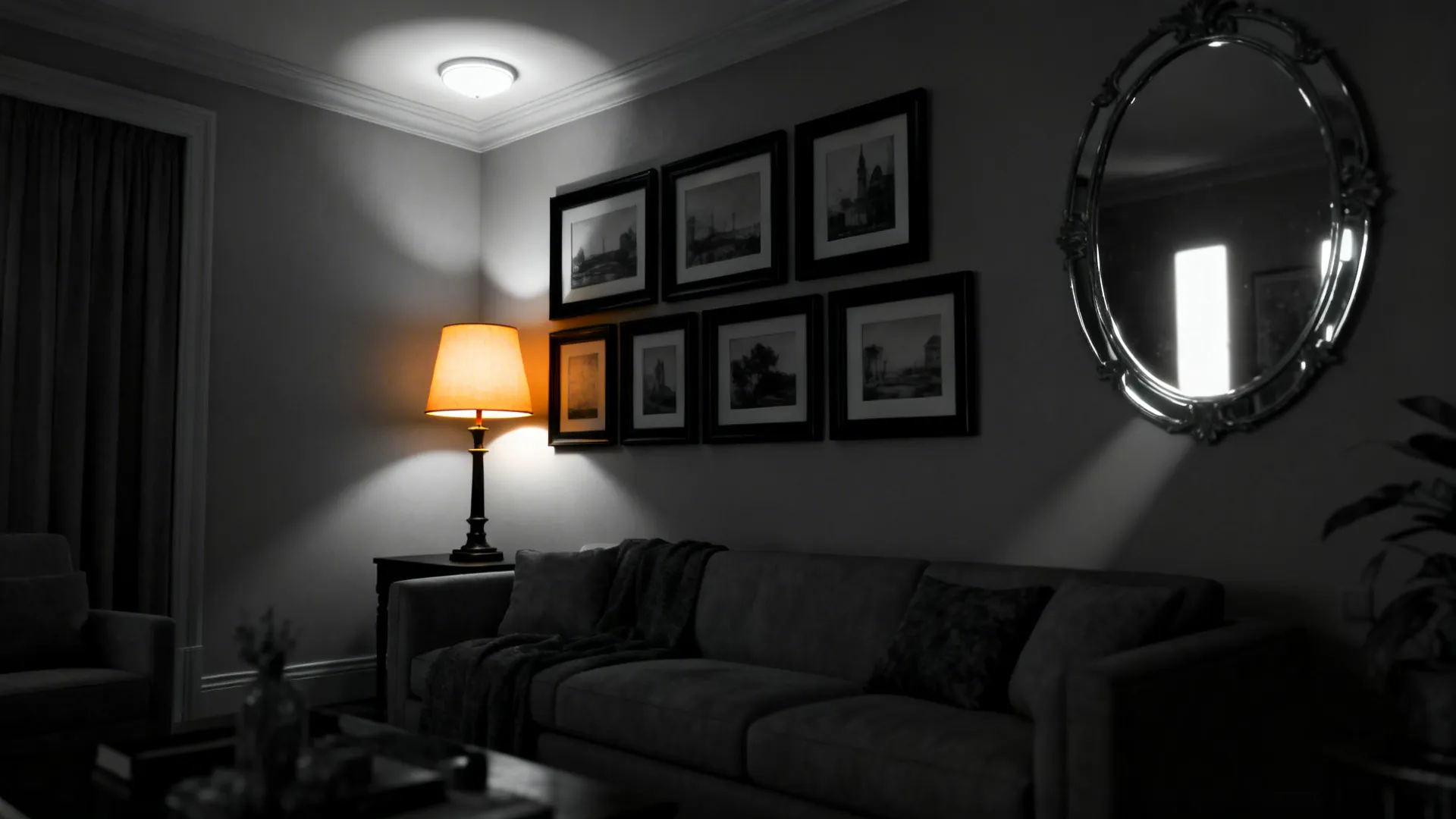 Warm layered lighting in a black-and-white living room highlighting cozy atmosphere and reflections.