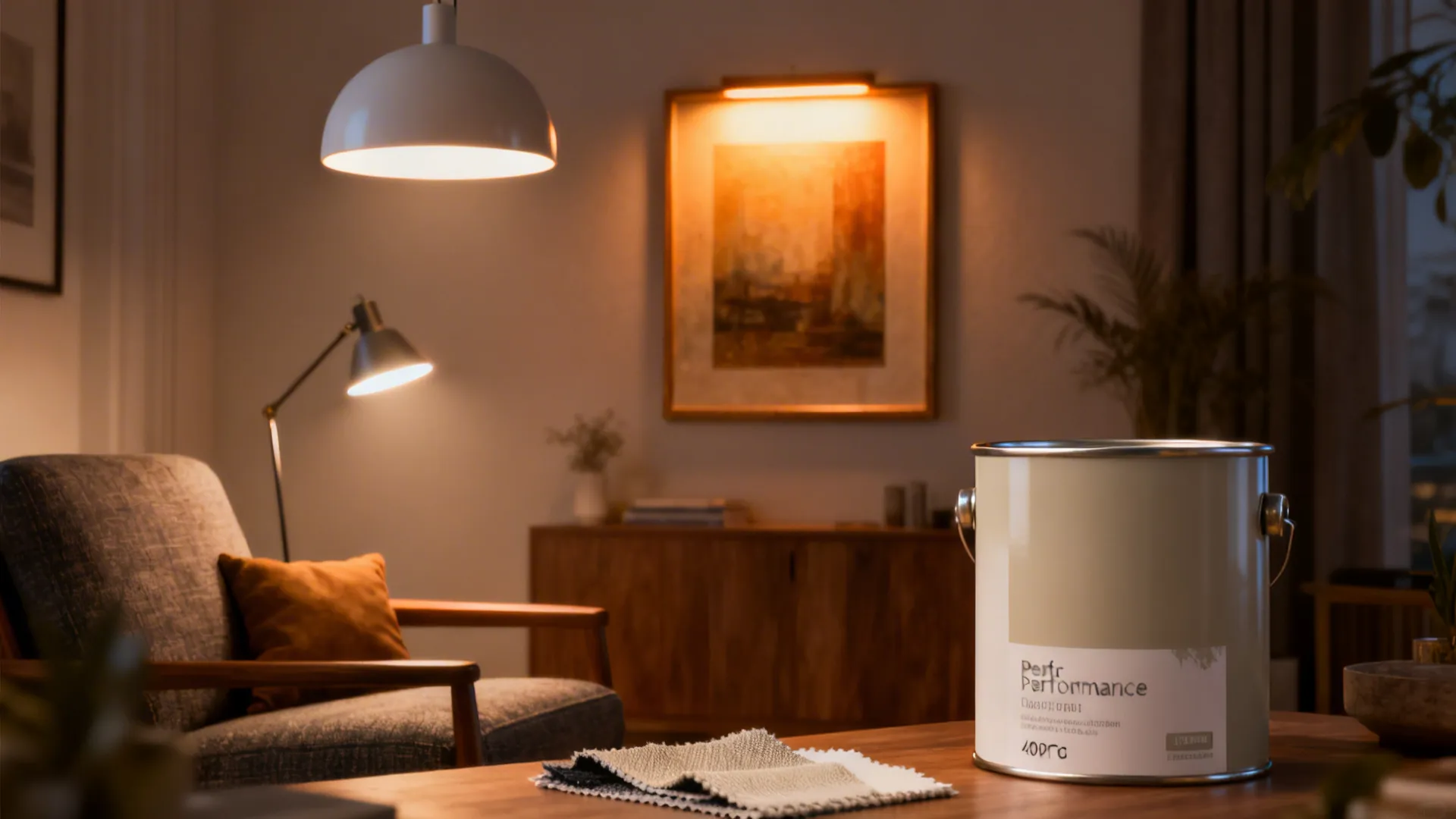 Layered lighting setup with ambient pendant, task lamp and warm picture light in a small living room