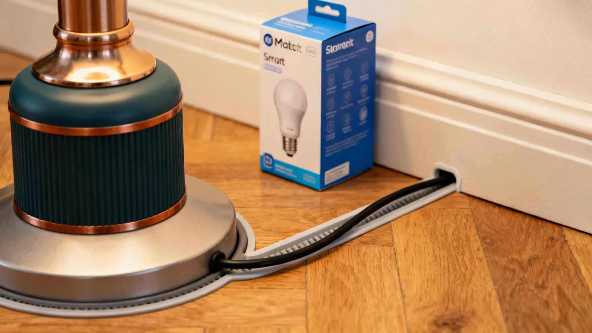 Close-up of lamp base, smart bulb and tidy cable channel for neat lighting setup