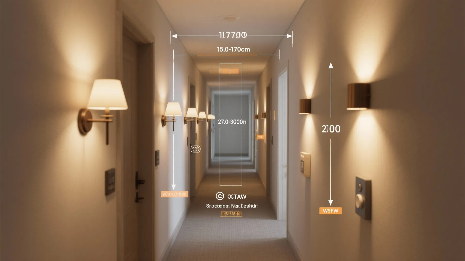 Long hallway interior design drawing with measurements for wall light height and distance on walls