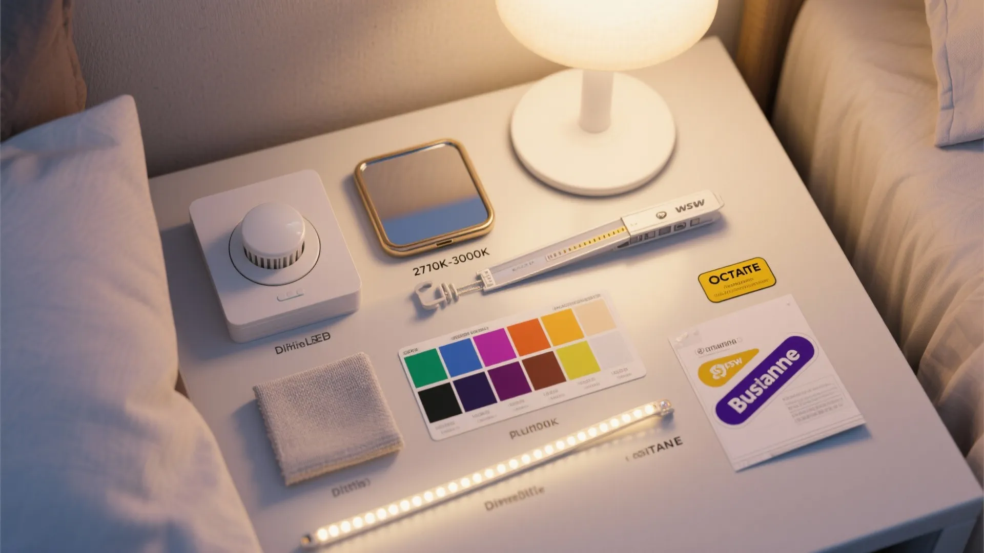 Top-down flatlay of dimmers, warm LED bulbs, color temperature swatches, adhesive LED strip sample and mirror.