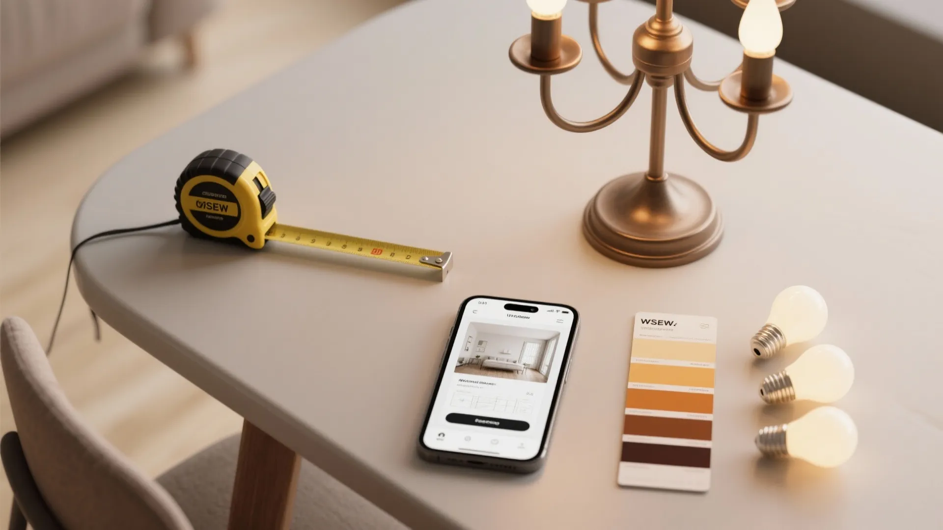 Top-down flatlay of a tape measure, chandelier sample, room planner on phone, and warm LED bulb swatches.