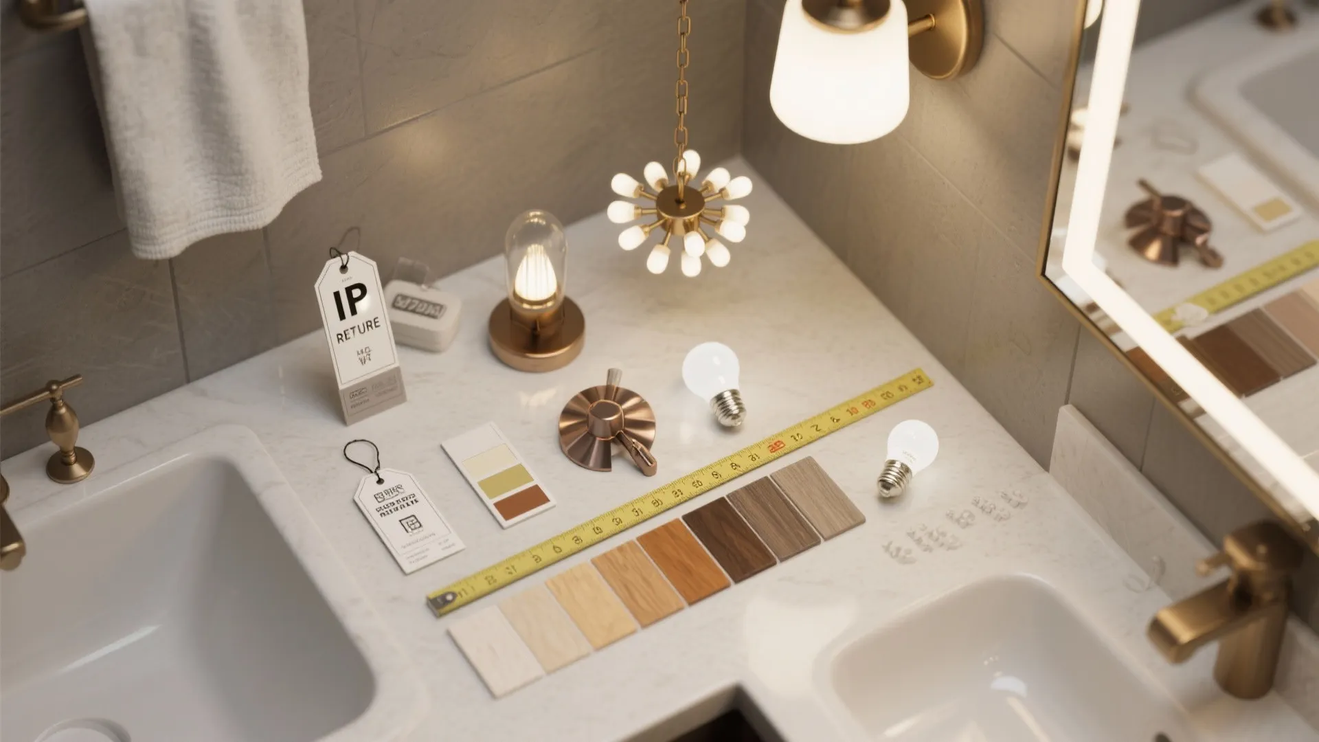 Bathroom counter with light bulbs wood samples tape measure and small light fixture for renovation